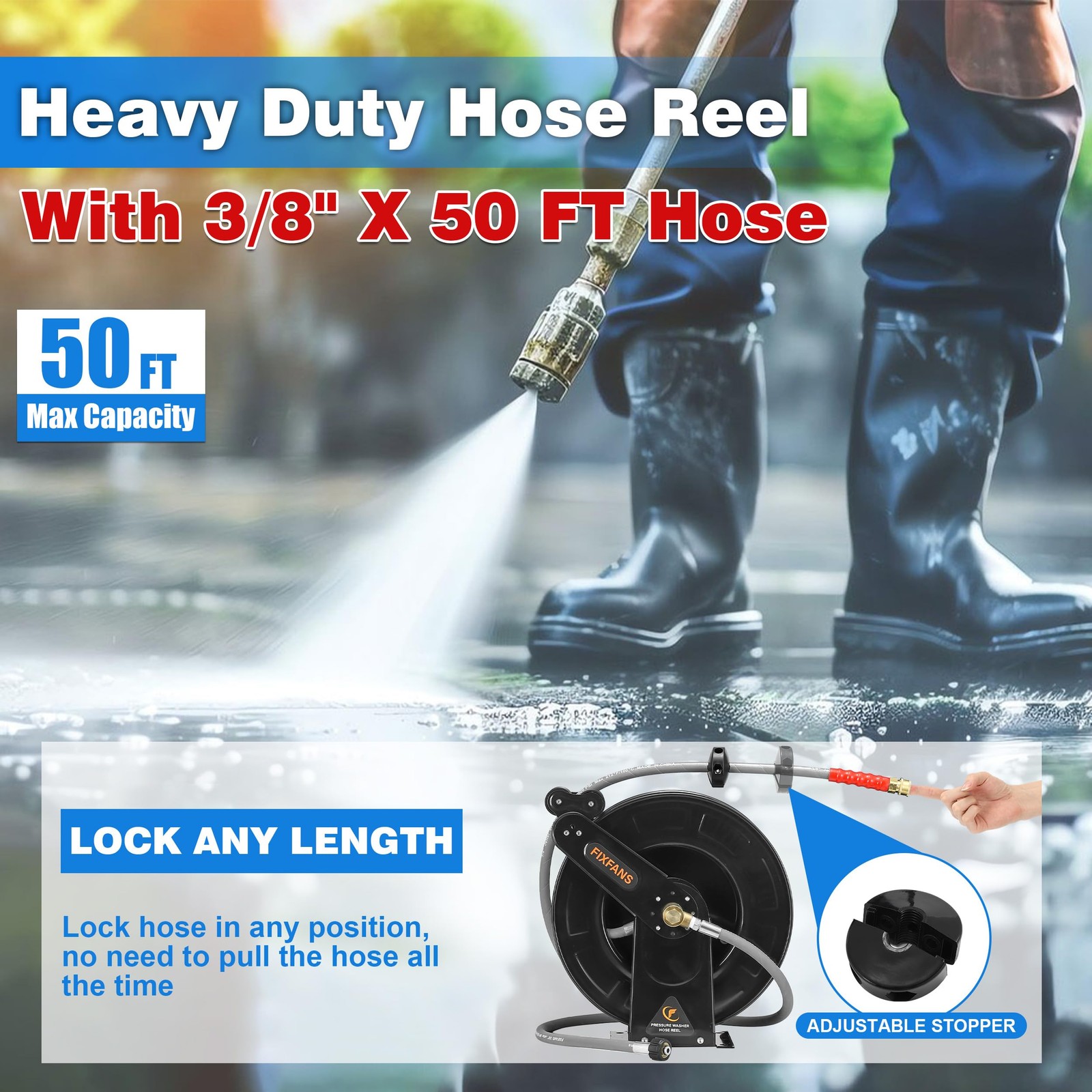 FIXFANS Pressure Washer Hose Reel with for Hot and 50 FT, Black, Grey