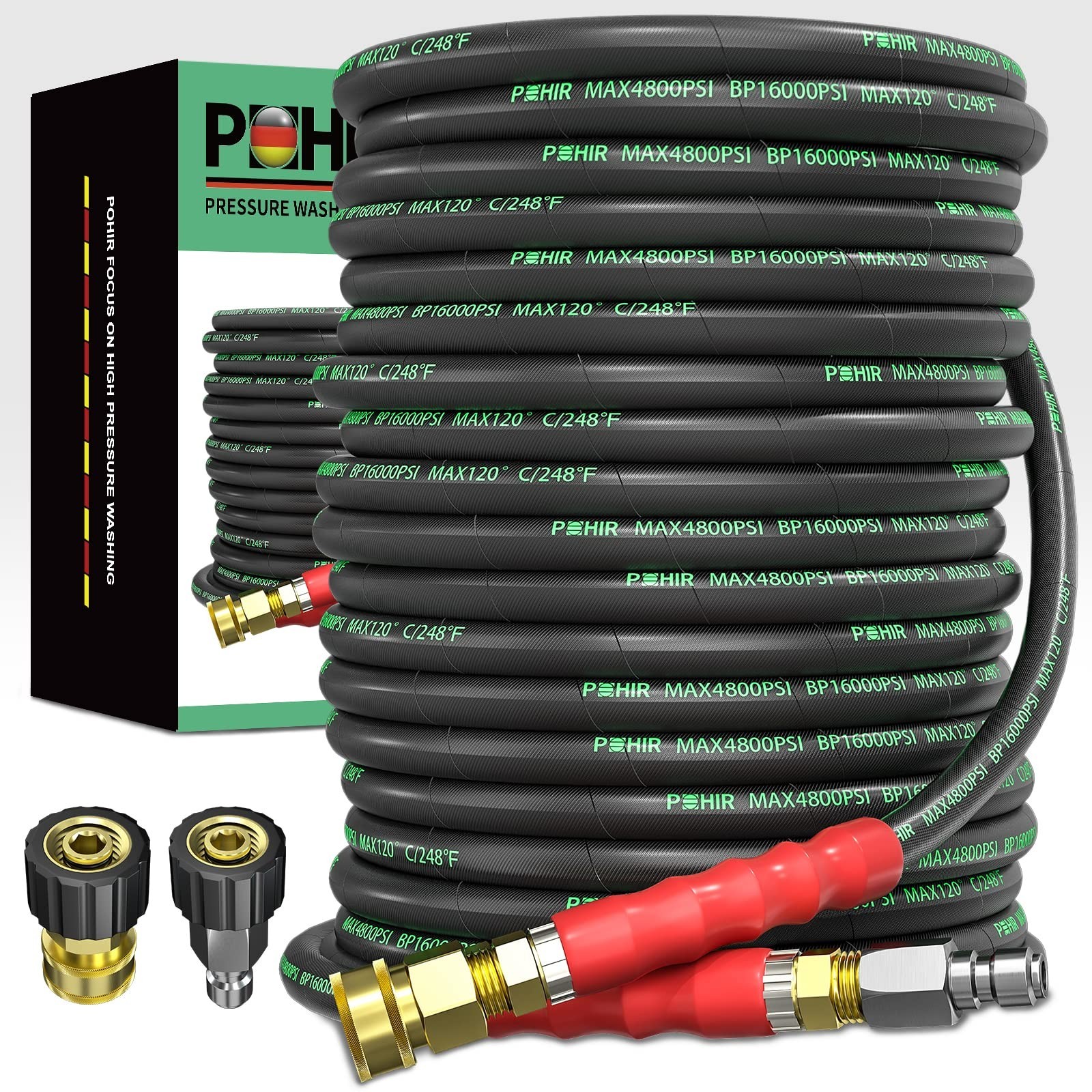 POHIR Pressure Washer Hose 100 ft 3/8 Inch for Cold and Hot Water 248°F End