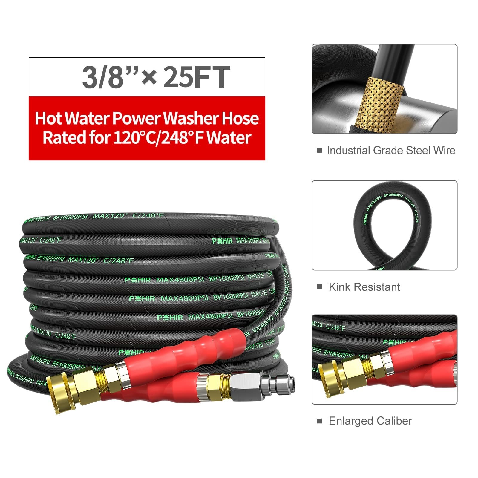 Pressure Washer Hose 25ft, 3/8’’ ID 4800PSI Power Washer Hose Non Ta
