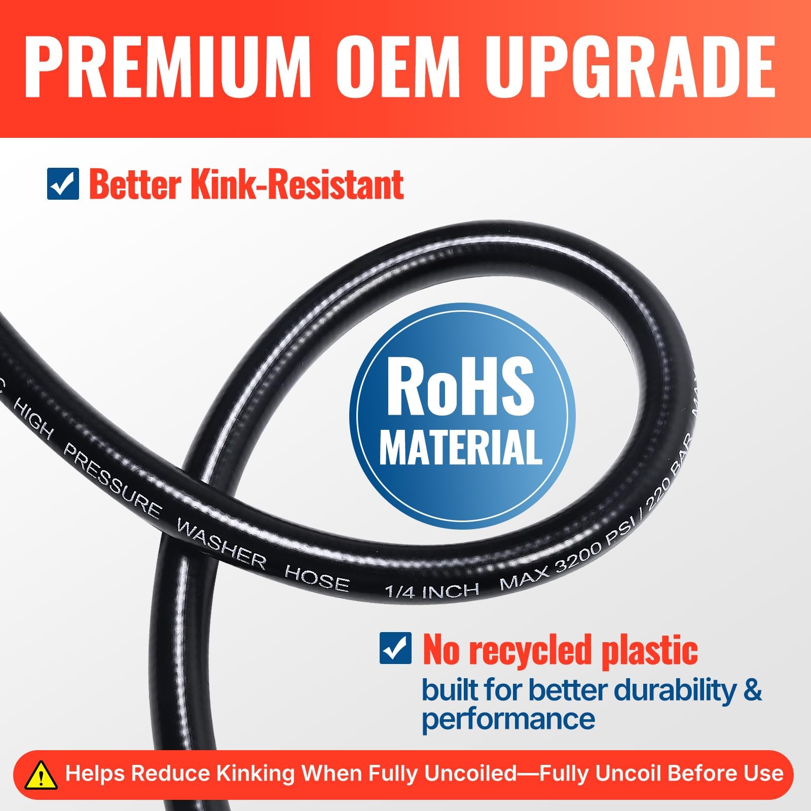 YAMATIC Pressure Washer Hose 25FT x 1/4″, 3200 PSI Kink Resistant 25FT, Black