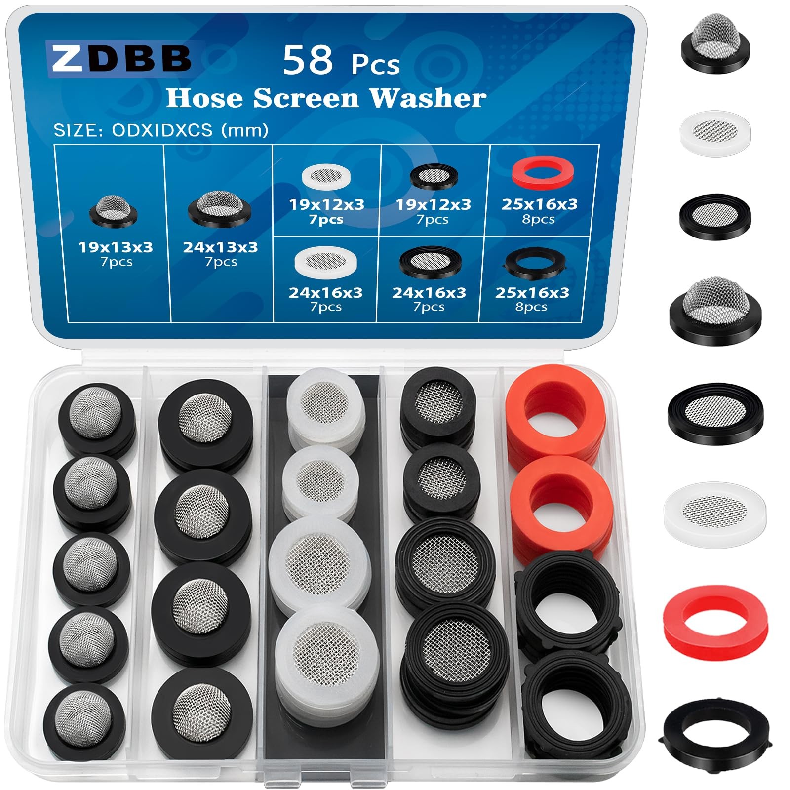 ZDBB 58 PCS Shower Head Garden Hose Screen Filter OD:25mm, 19mm, Black White