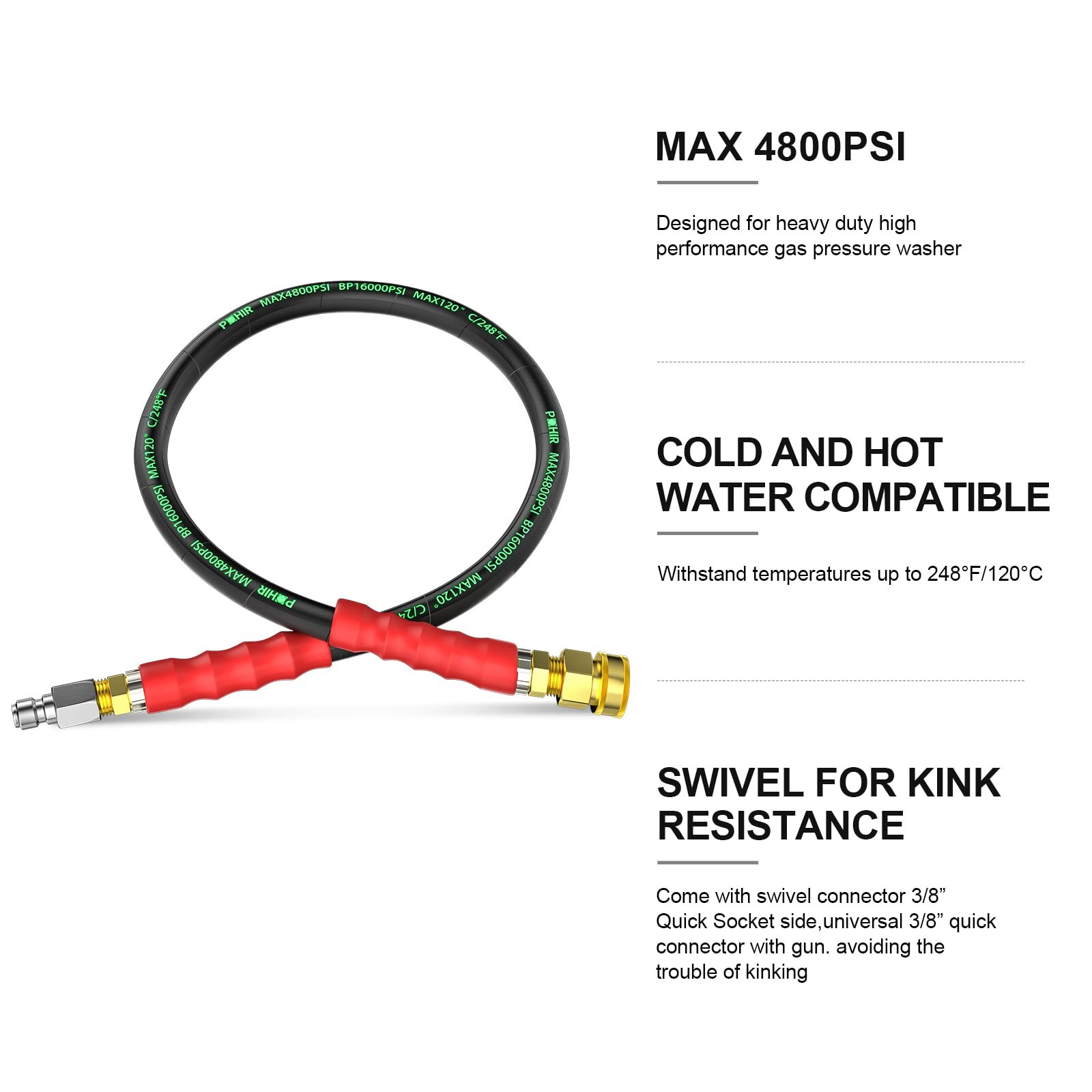 POHIR 3FT Pressure Washer Jumper Hose, 4800 PSI 3ft, Black