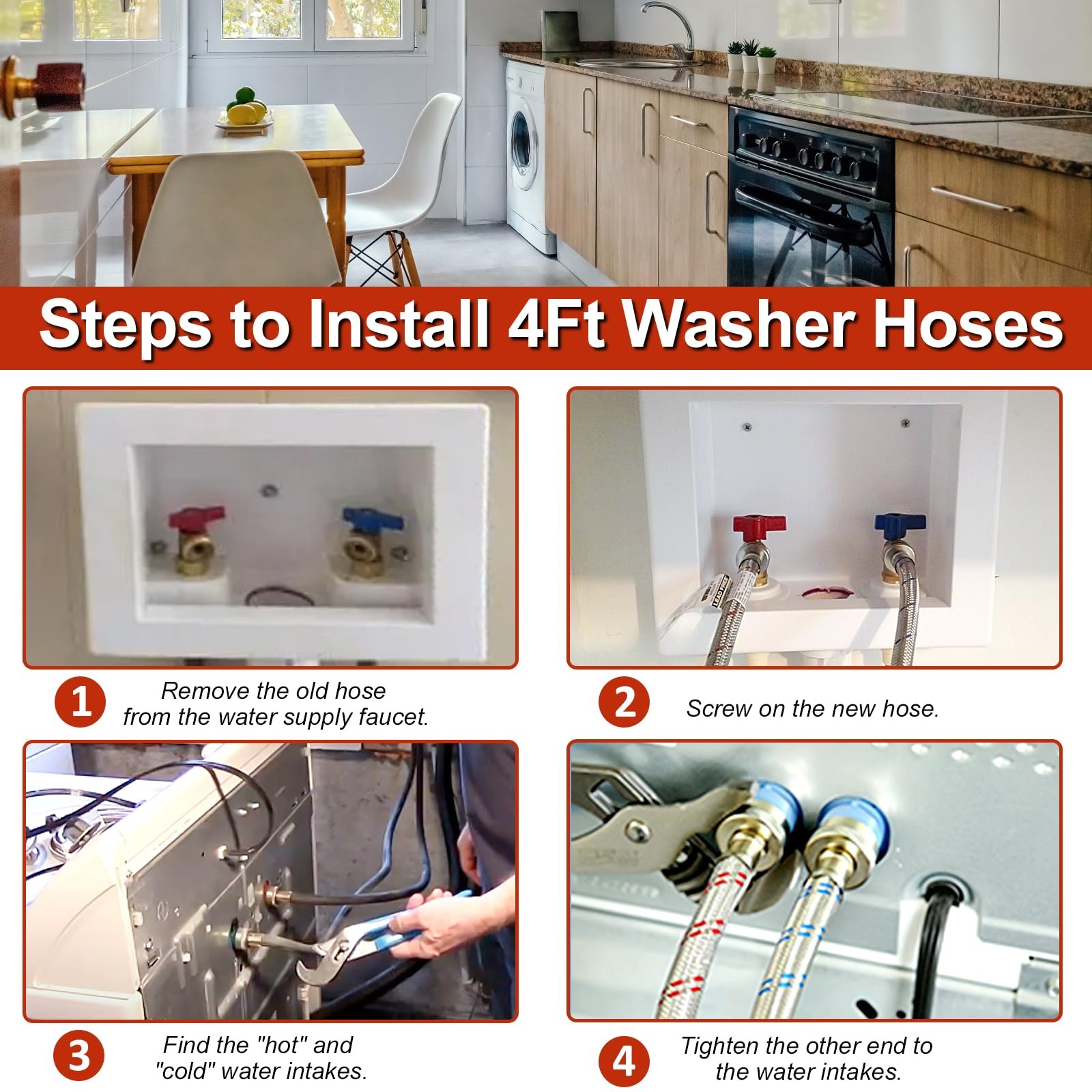【UPGRADE】4FT Washing Machine Hoses with 90 4FT-Stainless Steel, Blue,Red