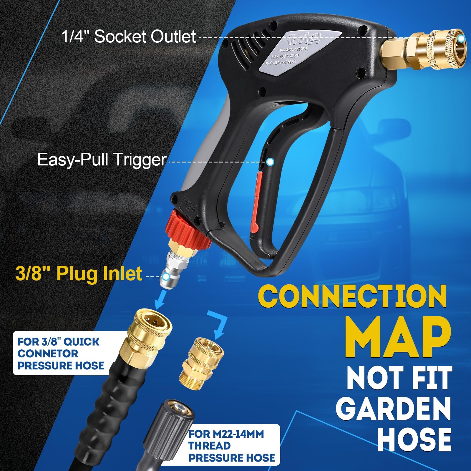 TOOLCY Pro Short Pressure Washer Gun 5000 PSI with 360° Gun, Black