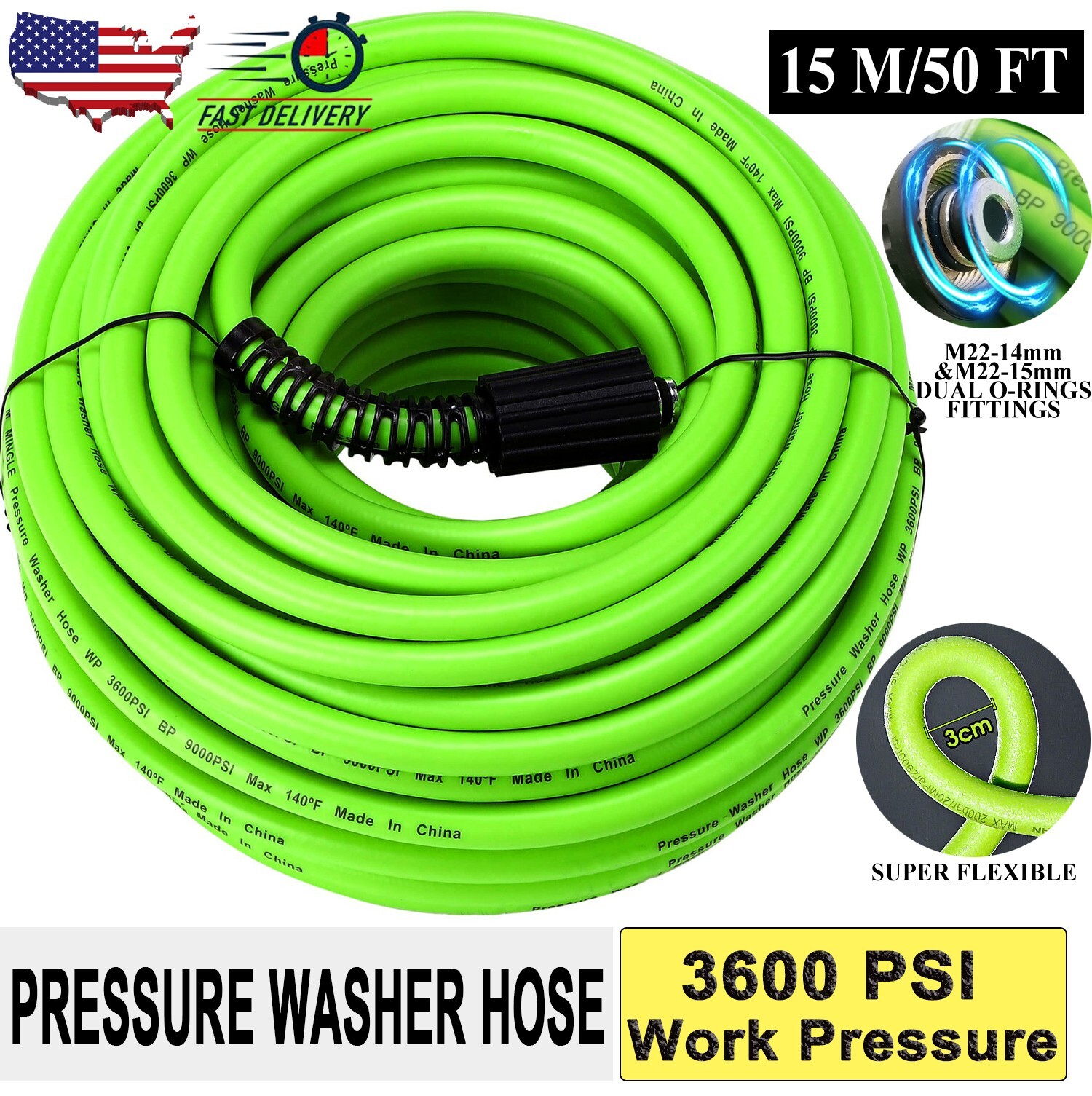 Pressure Washer Hose 50FT 1/4″ Kink Resistant Power Washer Hose M22-14mm X 15mm