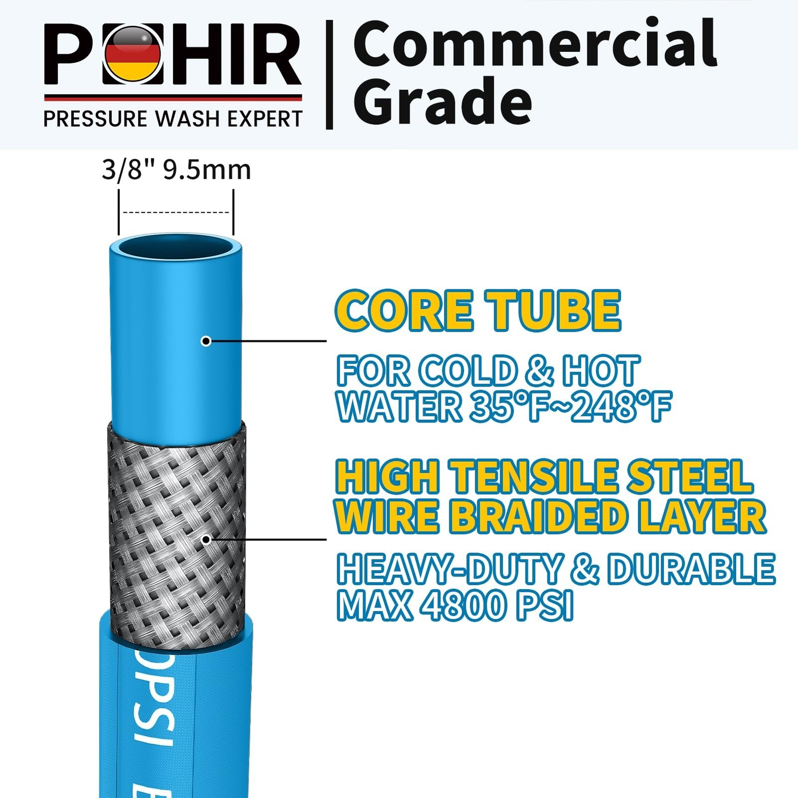 POHIR 10ft Pressure Washer Hose 3/8″ 4800 PSI, No Marking Kink Free Hose with…