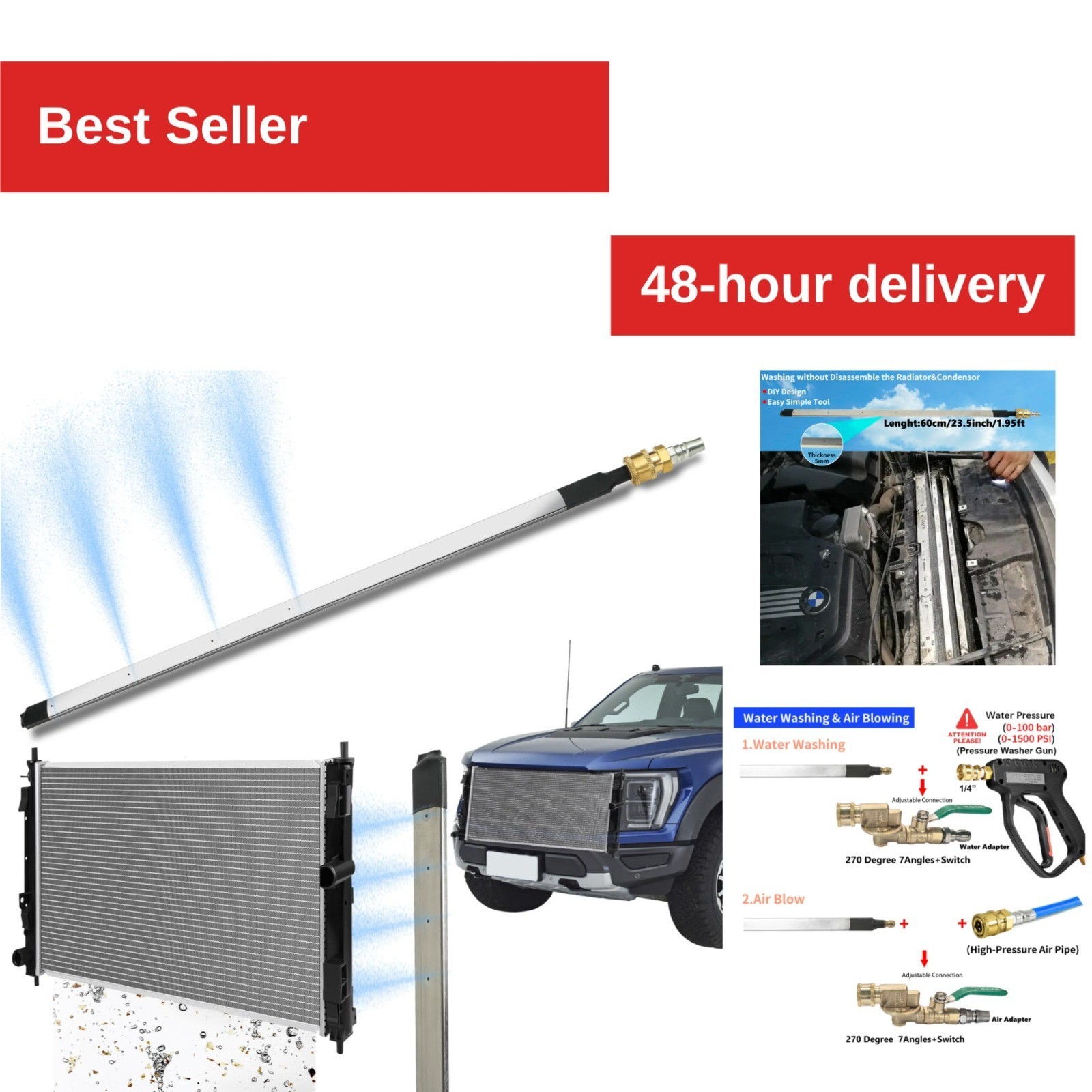 Lucstar Radiator Cleaning Wand 24 Inch 4500 PSI Stainless Steel