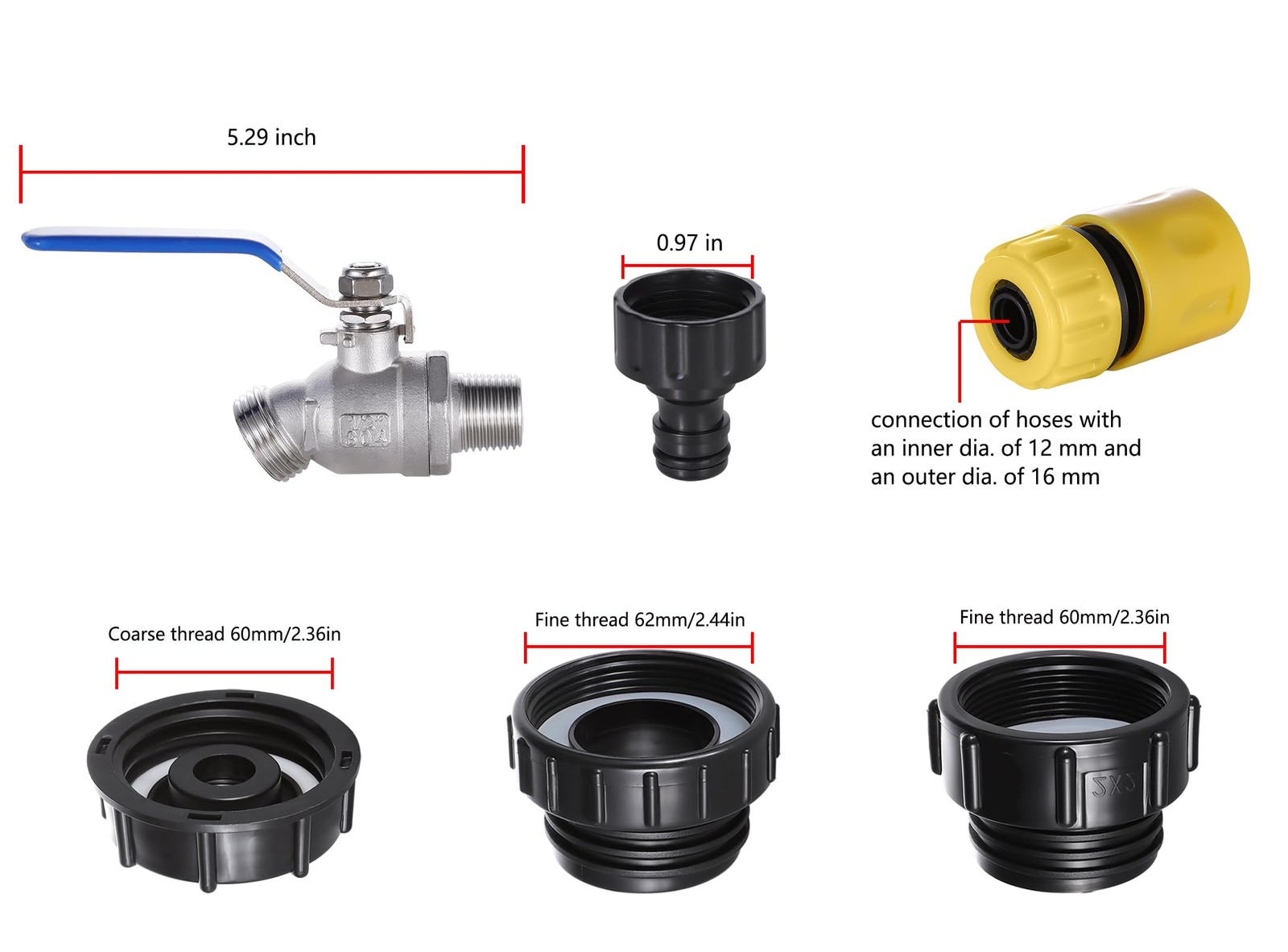 275-330 Gallon IBC Tote Water Tank Fittings, 2.44 inches, black, yellow