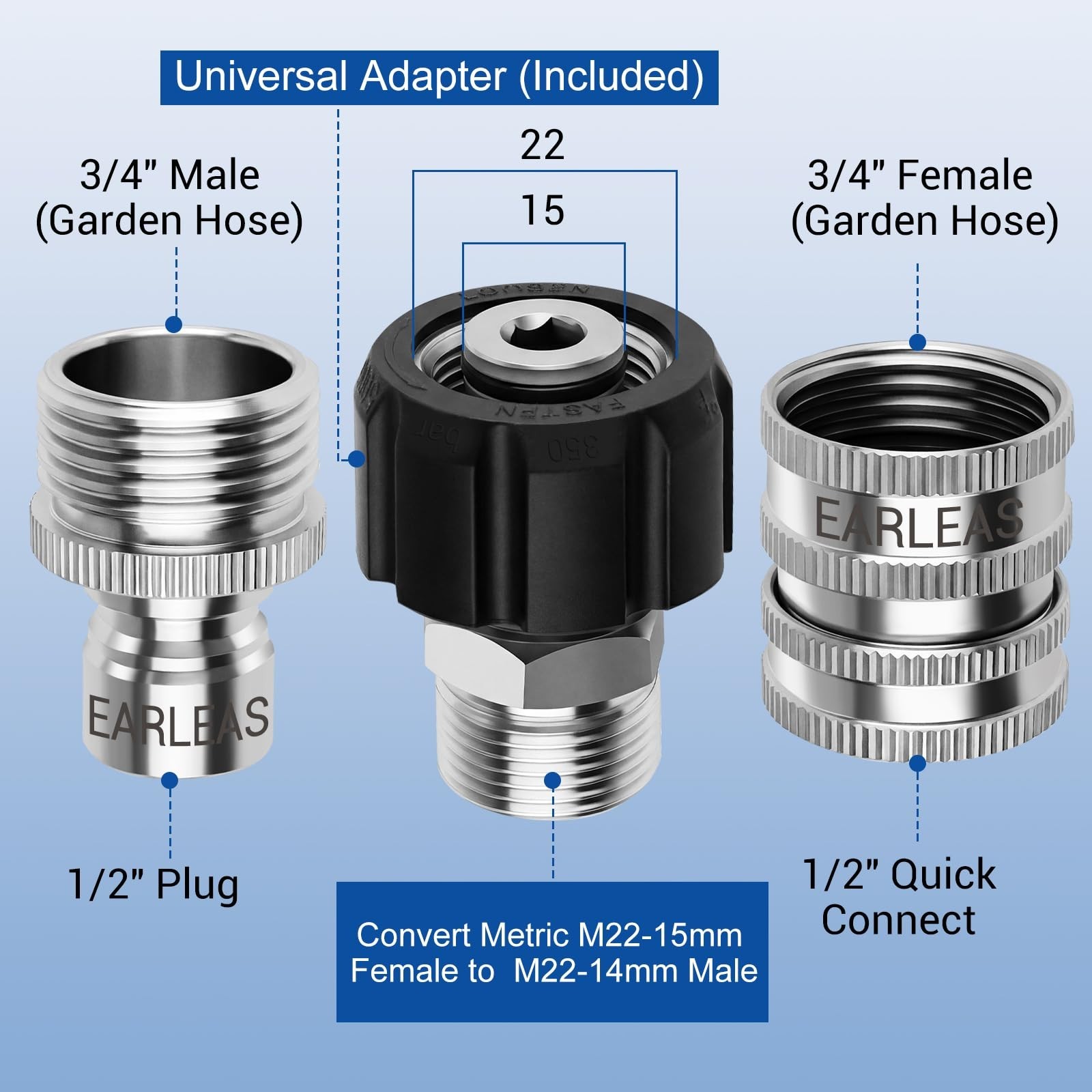 Pressure Washer Quick Connect Kit, 9-Piece Stainless Steel Adapter Set, M22-1…