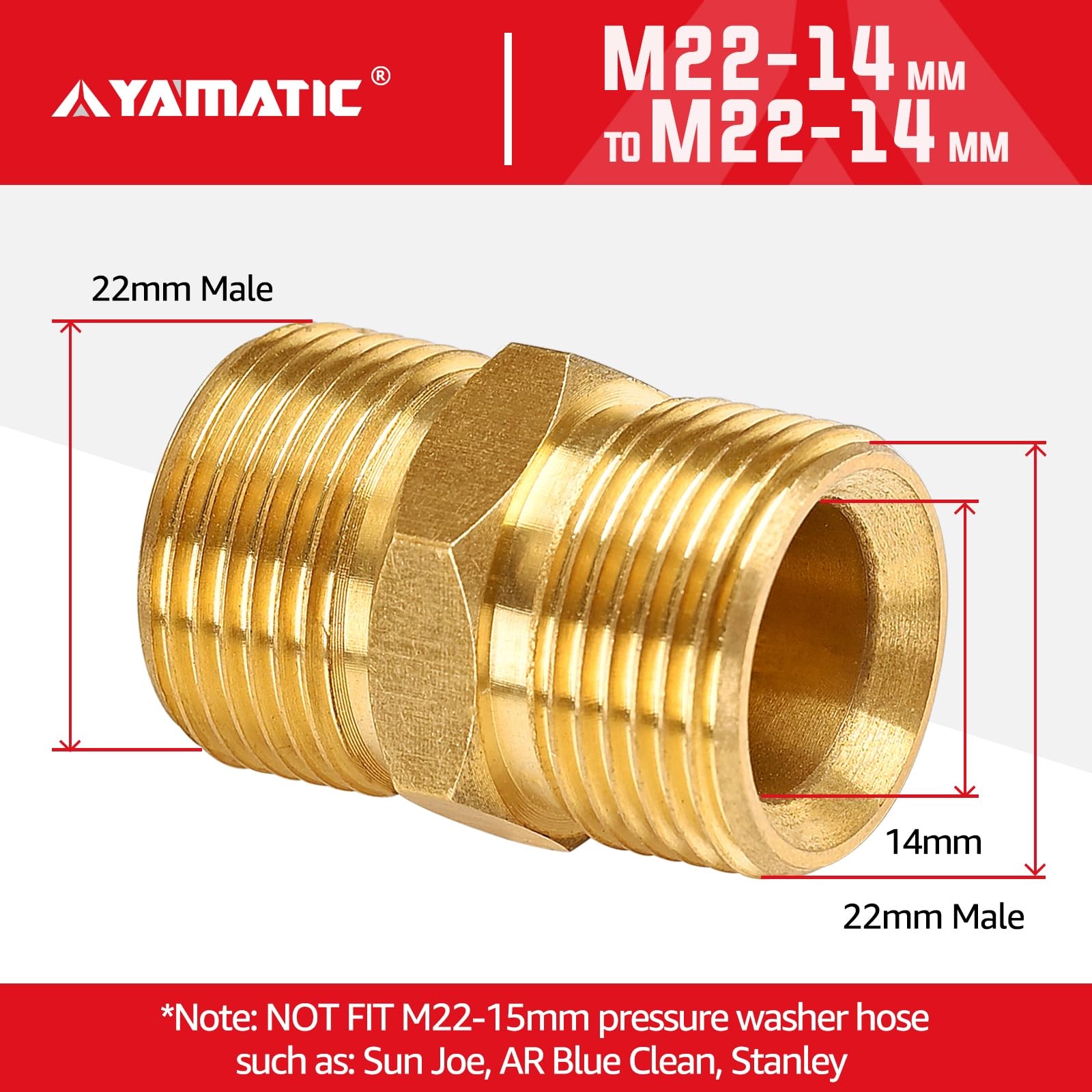 YAMATIC Pressure Washer Hose Connector, Solid Brass Double 1pcs, Golden