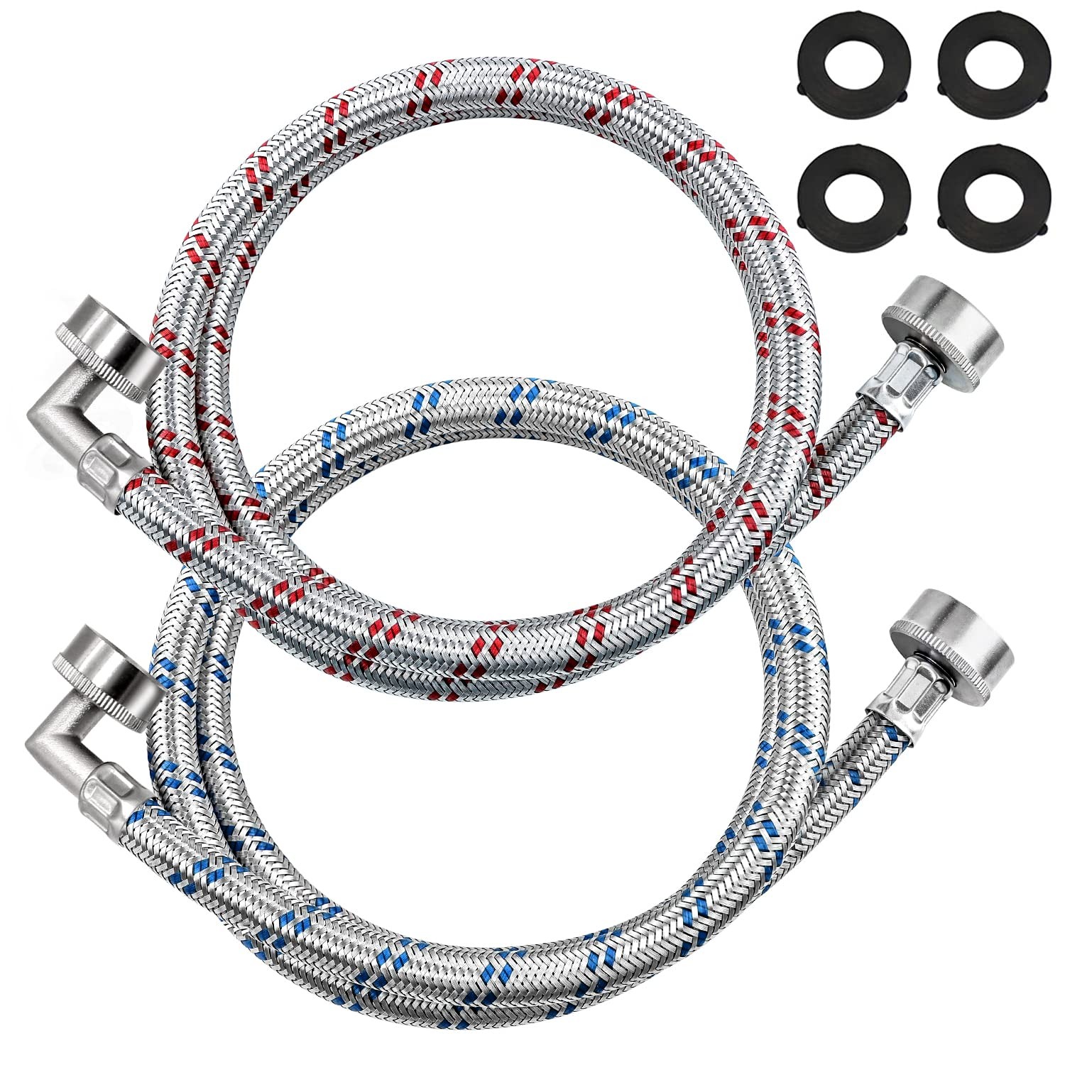 【UPGRADED】4FT Stainless Steel Washer Hoses with 90 Degree 4 Feet, Blue,Red