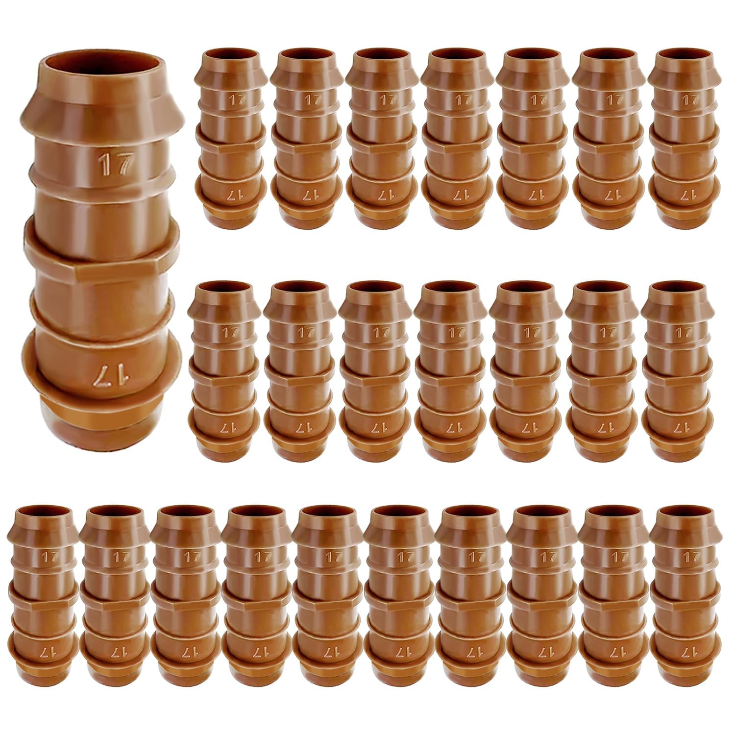25 Pack Drip Irrigation Barbed Coupling Fittings – 1/2 Inch (17mm, Browm