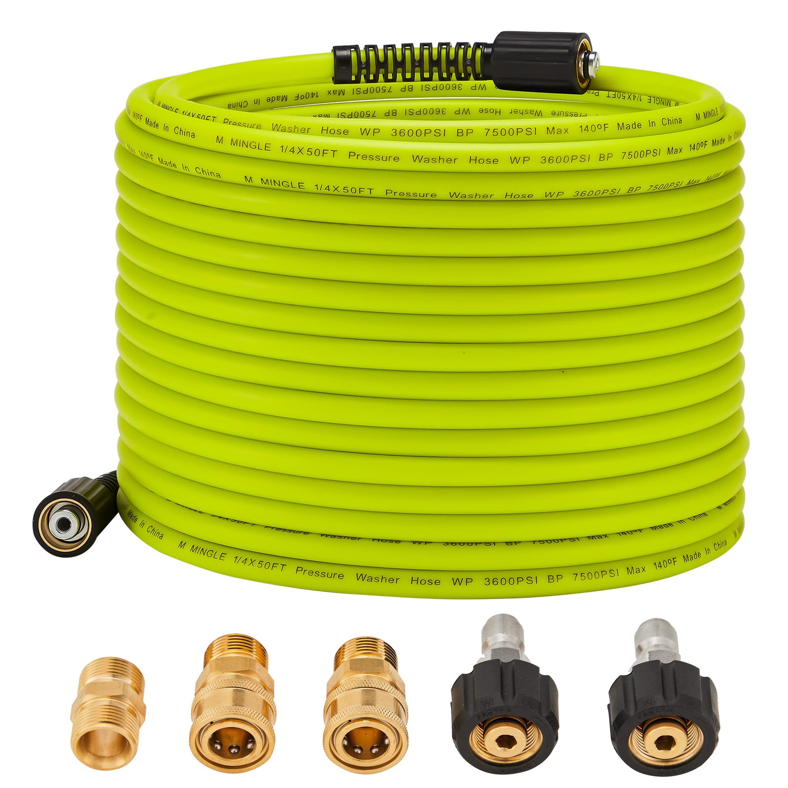 50 Ft x 1/4 Inch Green Pressure Washer Hose Replacement M22 Fittings