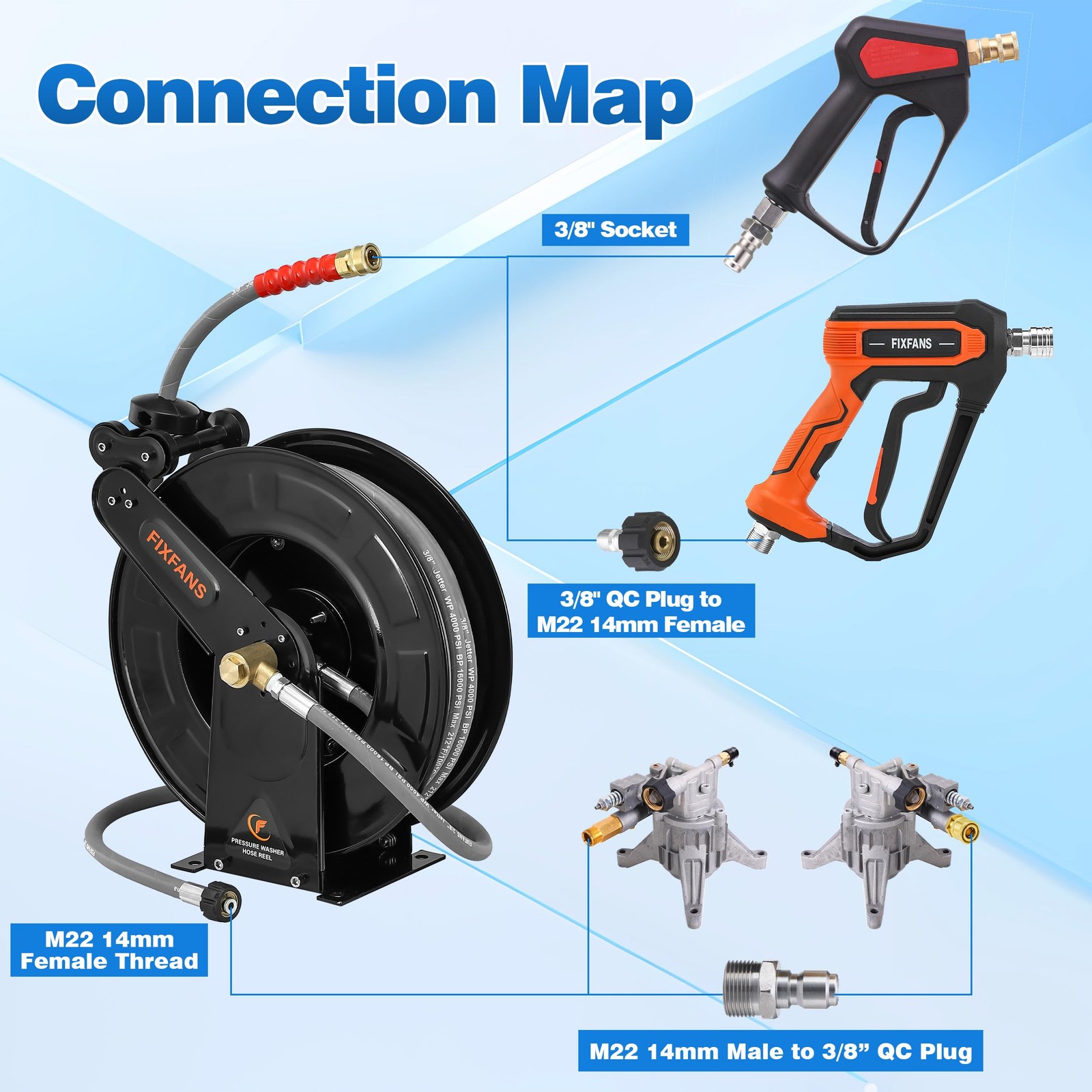 FIXFANS Pressure Washer Hose Reel with for Hot and 50 FT, Black, Grey