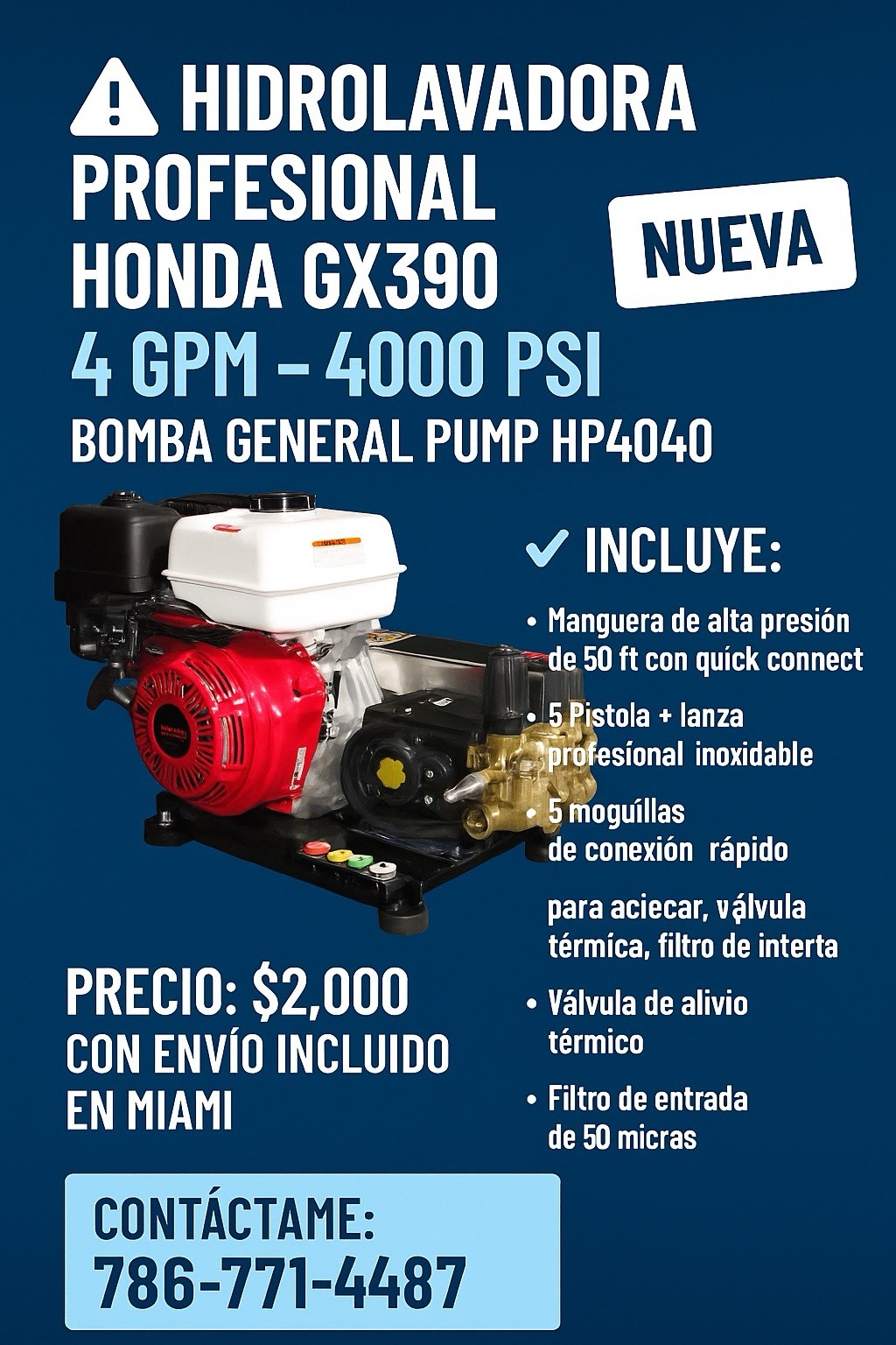 Hidrolavadora Profesional Honda GX390 – 4000 PSI 4 GPM NUEVA