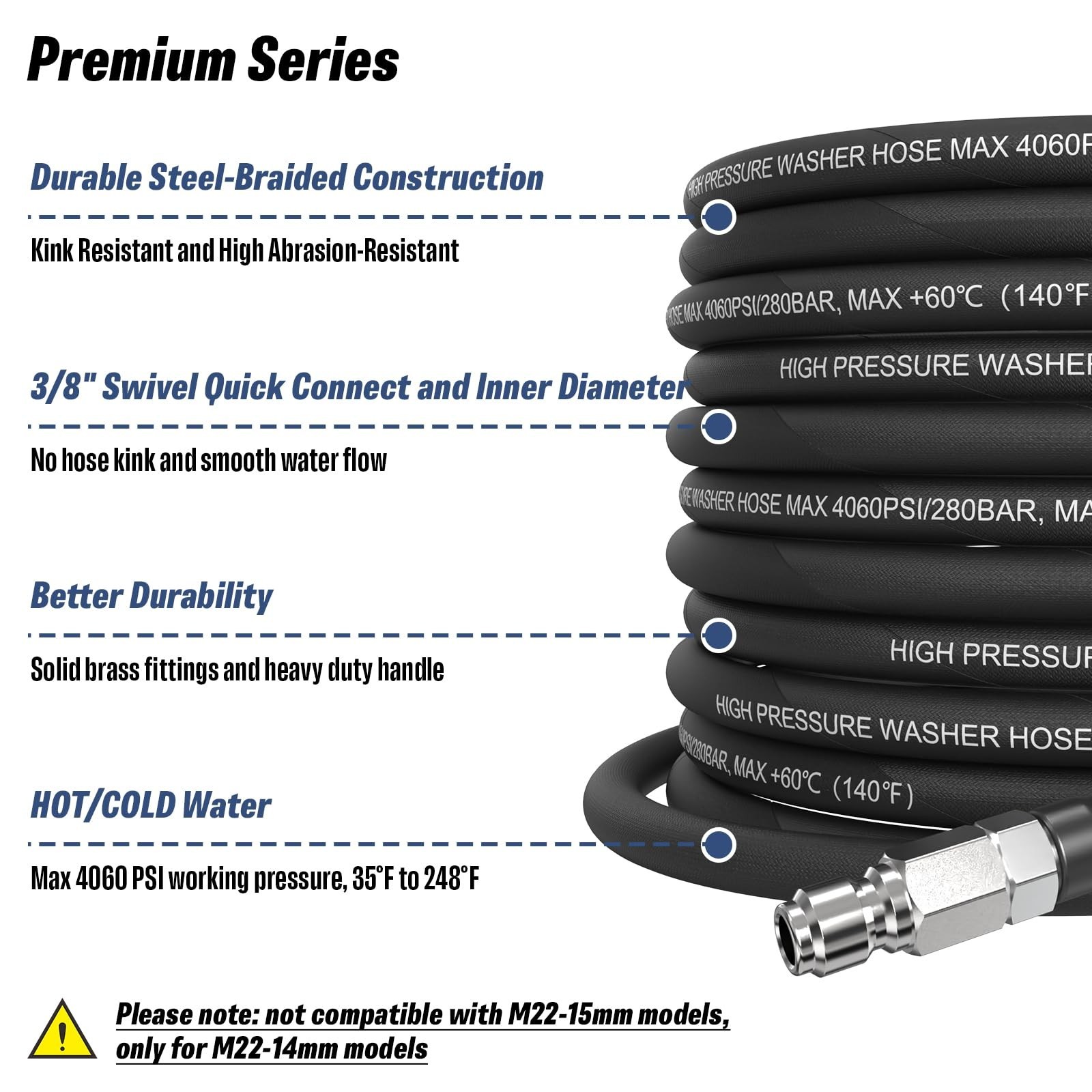 3/8″ Pressure Washer Hose 50 FT with Swivel Quick Connect, 4060 PSI Kink Resi…