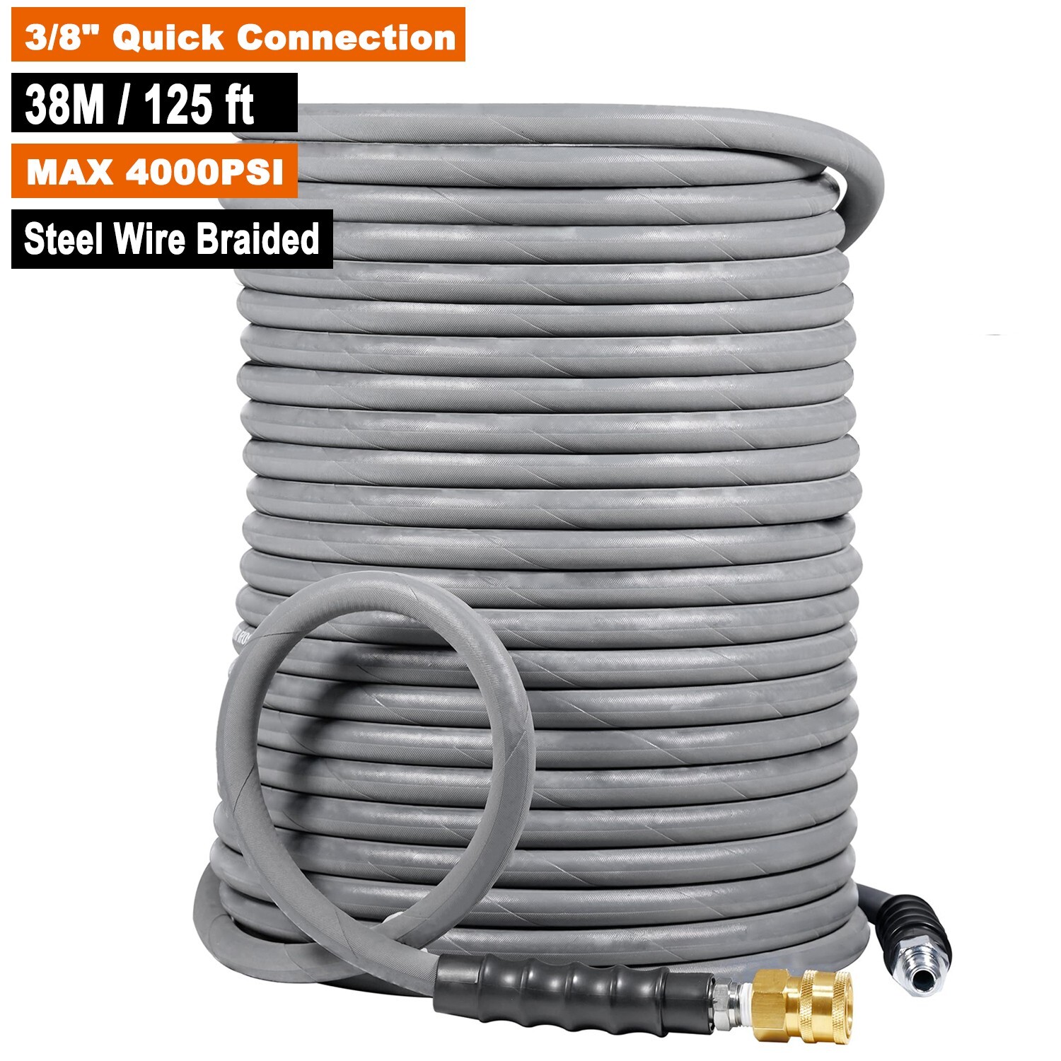 125ft 3/8″ Pressure Washer Hose 4000 PSI Non-Marking Gray With Couplers