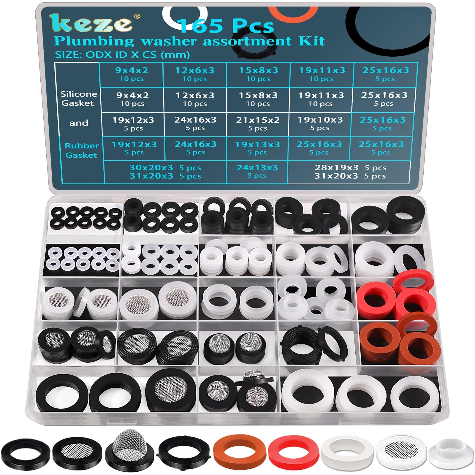 KEZE 24 Sizes Plumbing Washers Assorted Kit 165 PCS Garden white/black/red