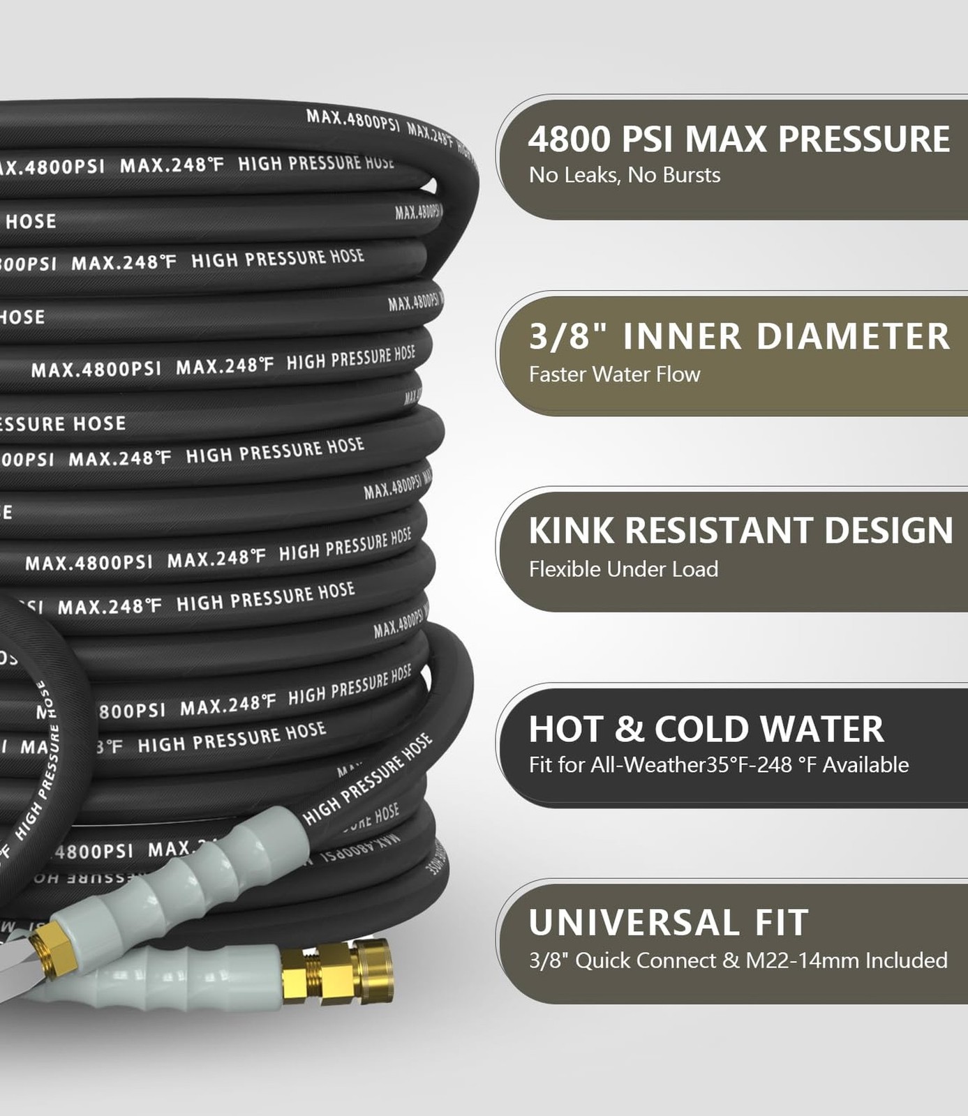 3/8″ Pressure Washer Hose 50FT 4800 PSI, Kink Resistant Steel Braided Layer &…