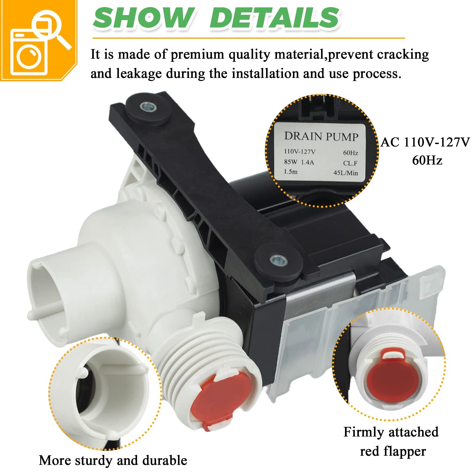 137221600 Washer Drain Pump: 6.5 x 4.5 x 5 inches, Black & White & Red