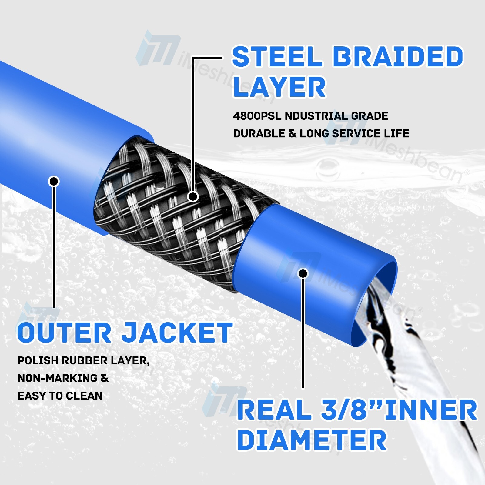 Hot Water Pressure Washer Hose 3/8″ x 30ft 4000 psi Non-Marking One Steel Braid