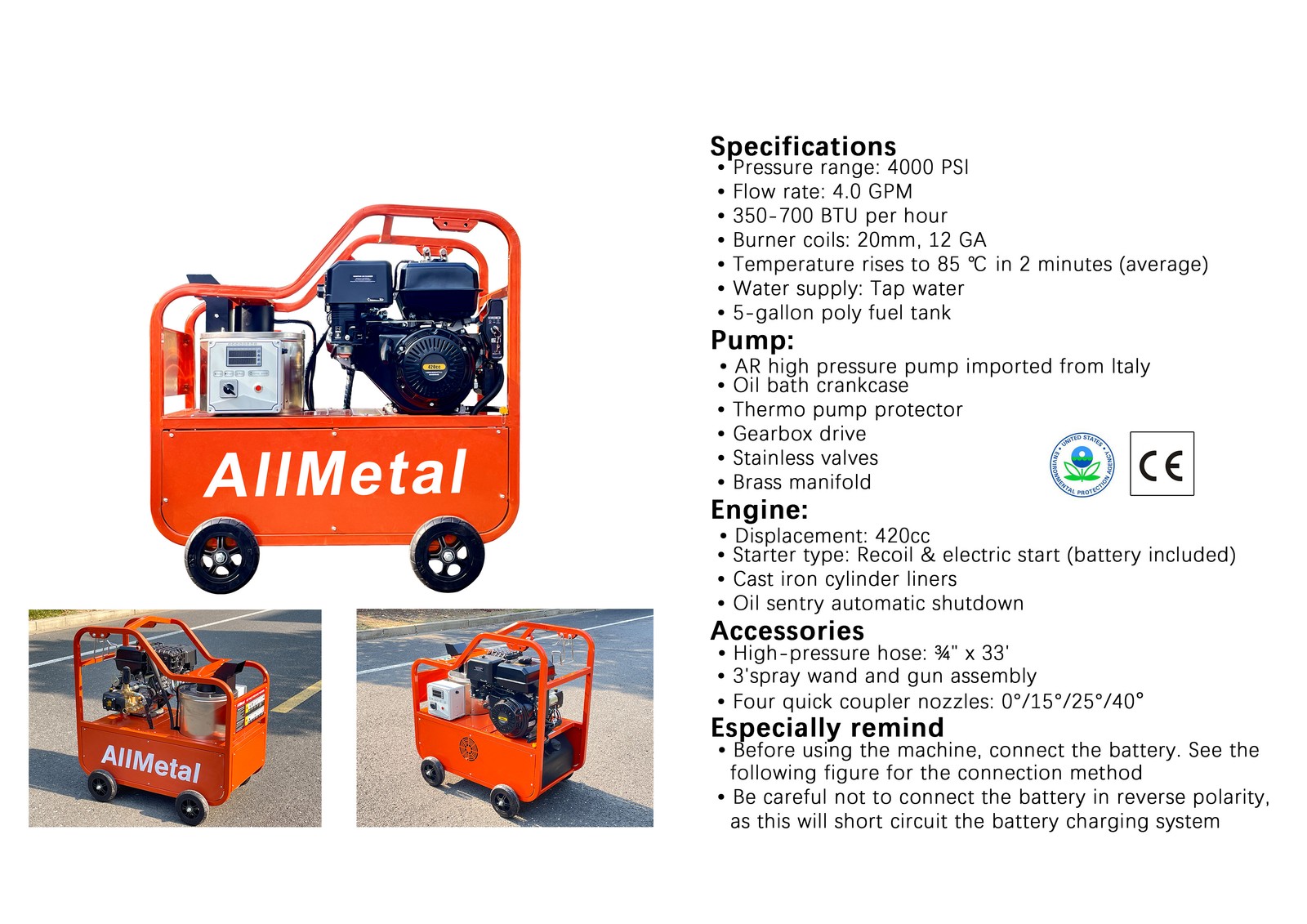 Commercial Hot Water Pressure Washer 4000 PSI 4.0 GPM 420cc Gas Electric Start
