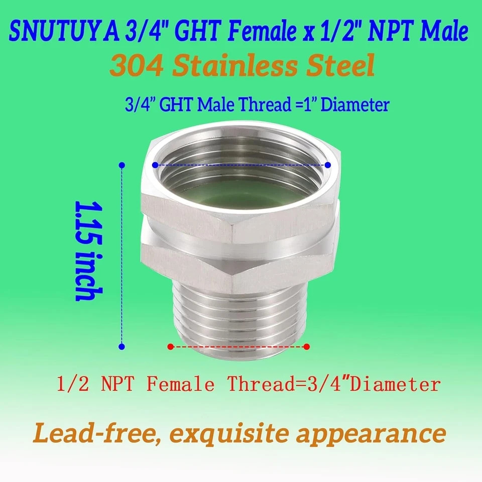 304 C-3/4" GHT Female x 1/2" NPT Male, 304 stainless steel