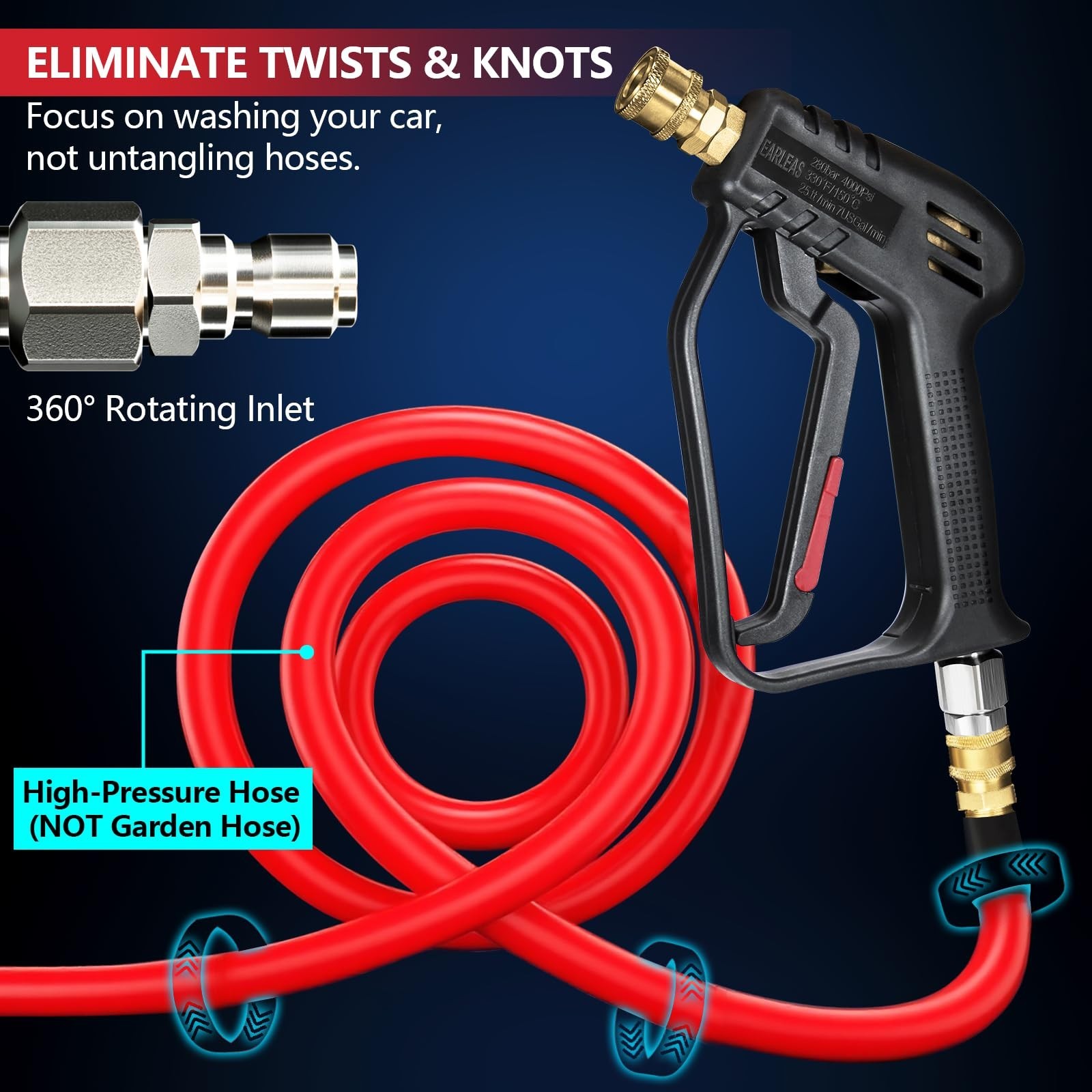 Short Pressure Washer Gun with Swivel, Anti-Tangle Design, Max 4000 PSI, Heav…