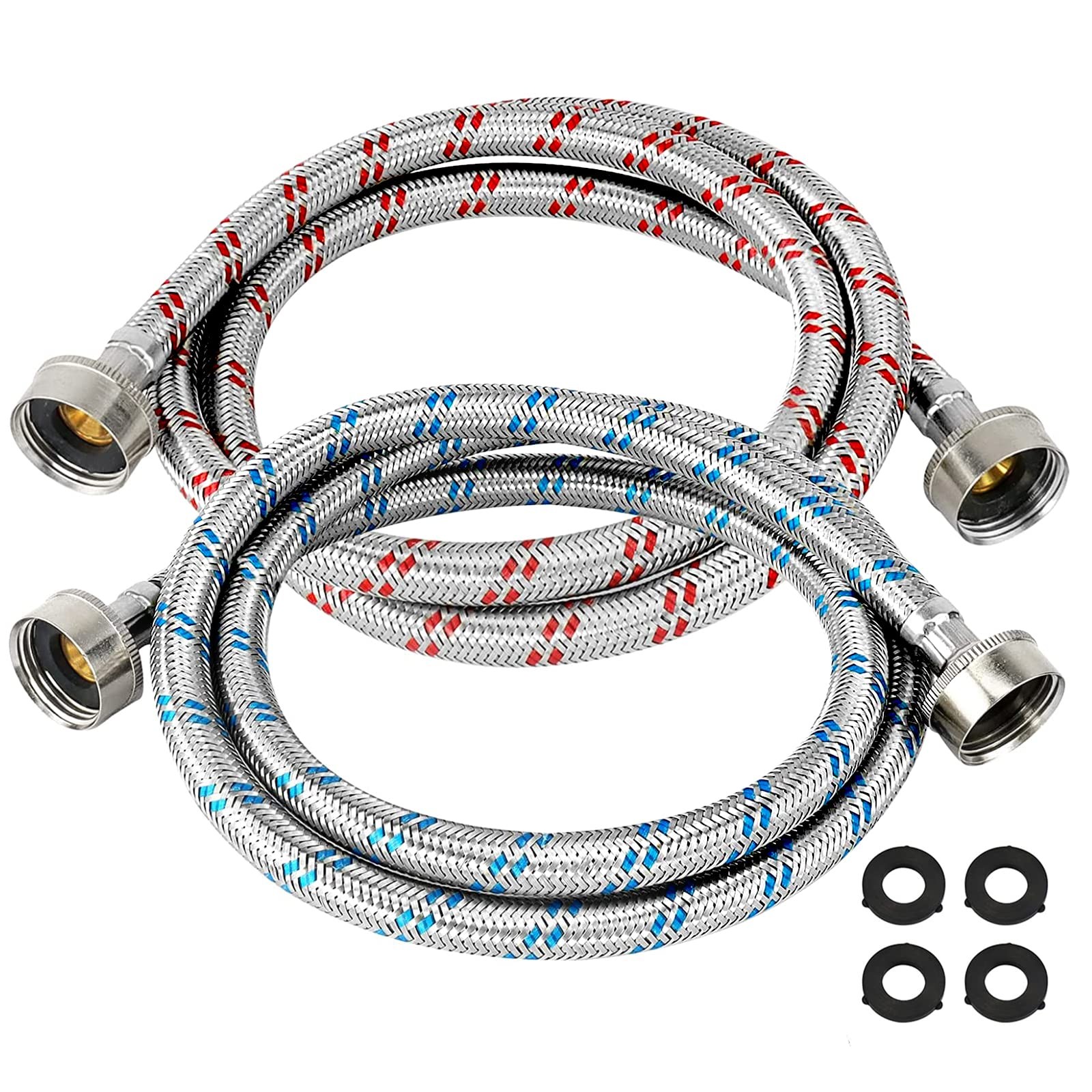 Beaquicy 4 Ft Washing Machine Hoses Burst Proof Braided 4 Feet, Red and Blue