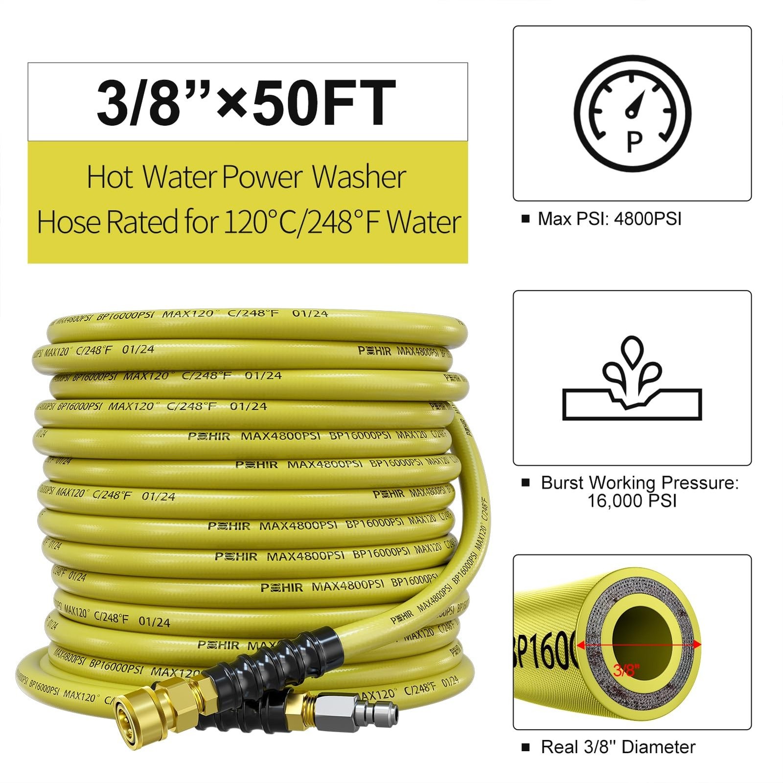 POHIR 50ft Pressure Washer Hose 3/8″ 4800 PSI, Power Washer Hose with 3/8 Qui…