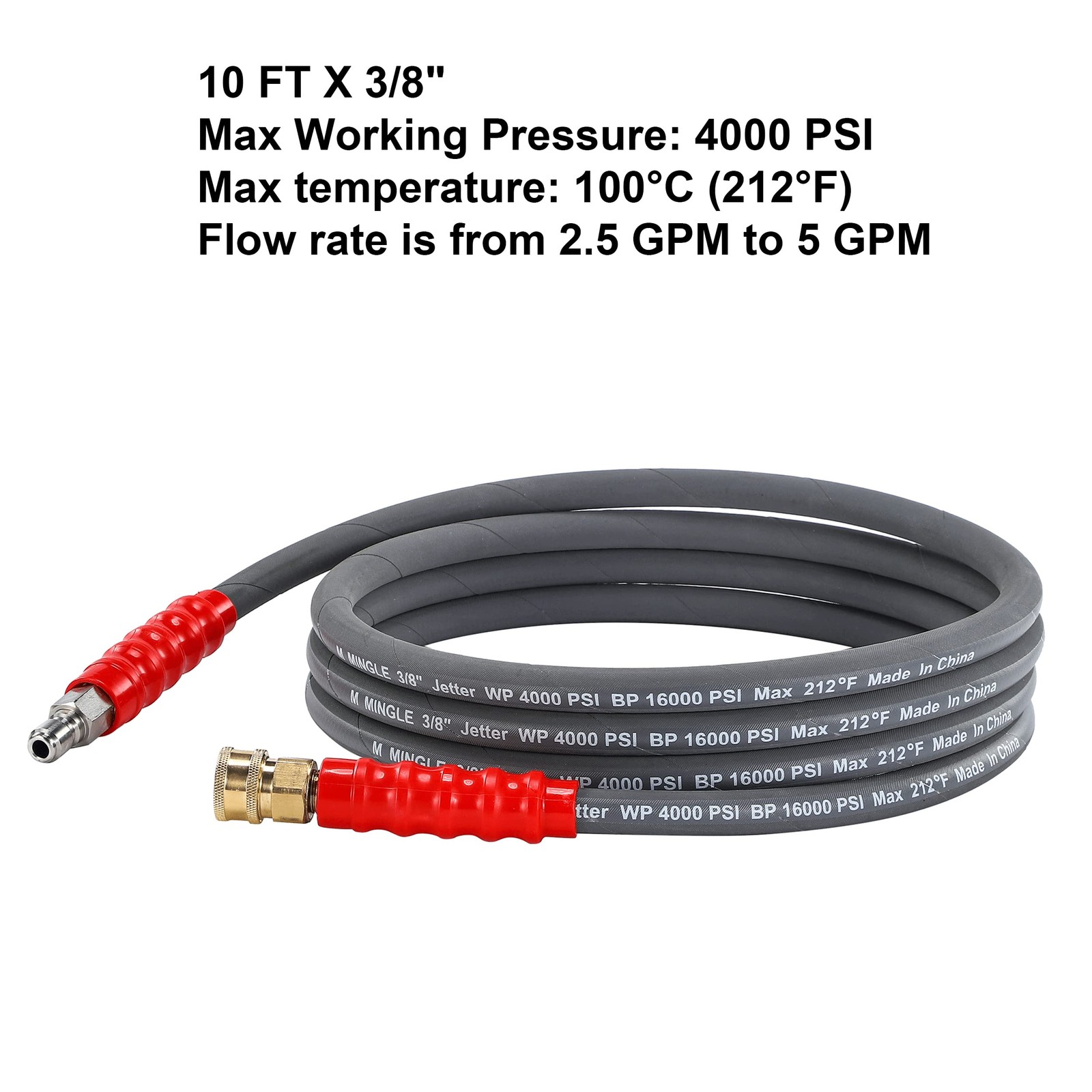 M MINGLE Pressure Washer Jumper Hose, 10 FT Whip Hose for Power 10 Feet, Gray