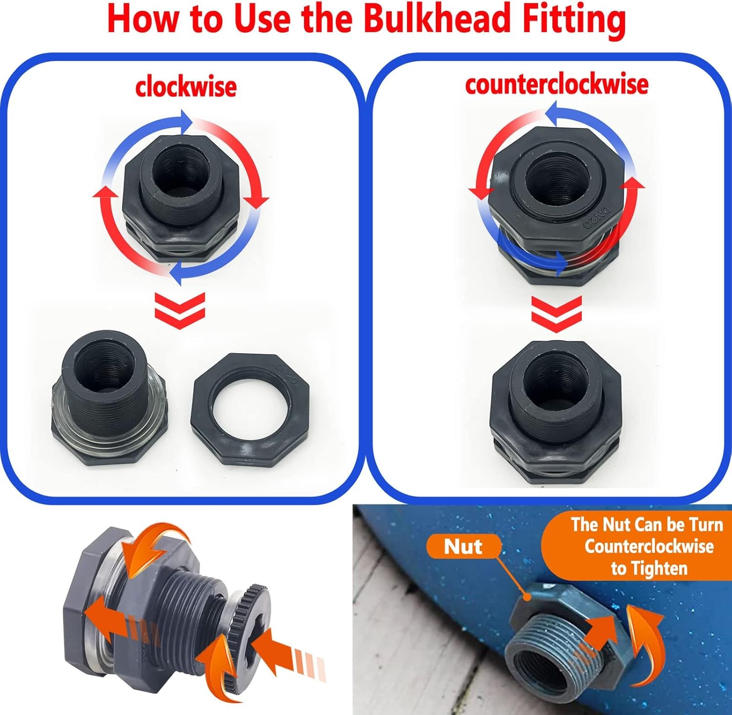4 PCS Rain Barrel Bulkhead Fitting kit with Plugs and 3/4″ (Diameter 25mm)