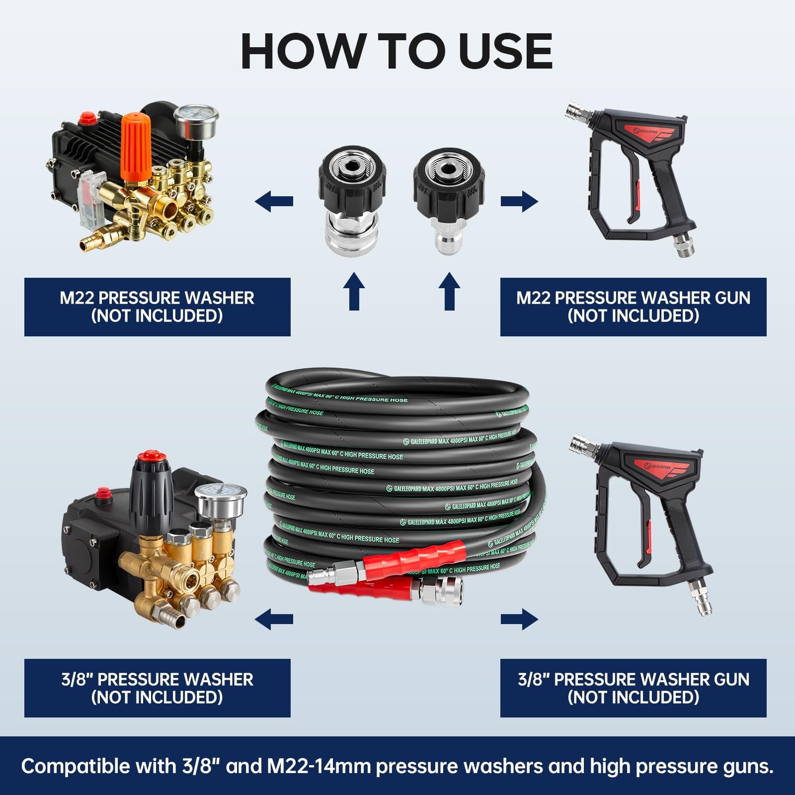 3/8″ Pressure Washer Hose 50FT 4800PSI with 3/8 Inch Quick Connect, Kink Resi…
