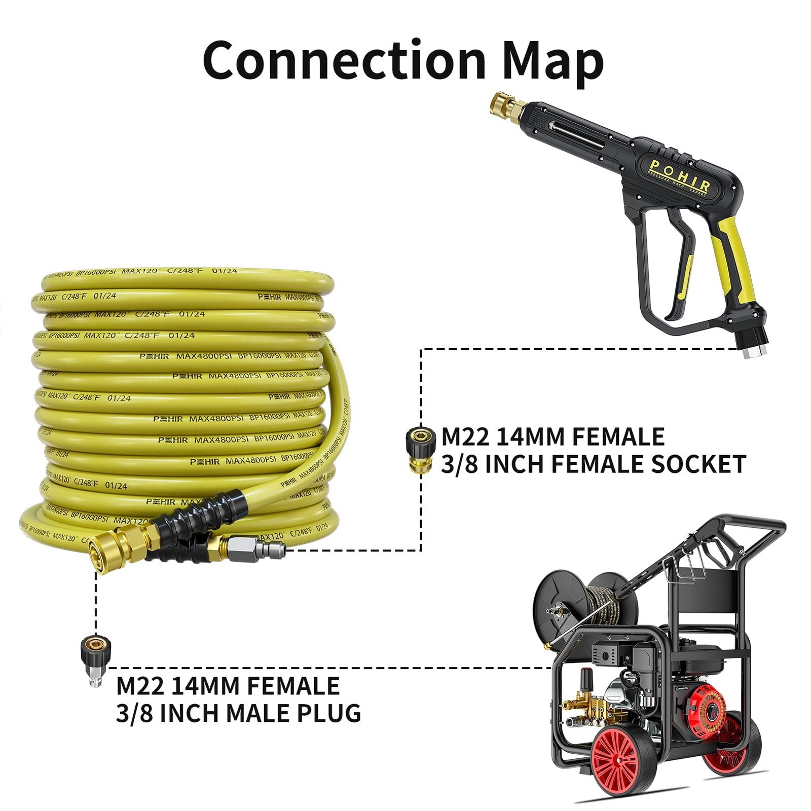 POHIR 50ft Pressure Washer Hose 3/8″ 4800 PSI, Power Washer Hose with 3/8 Qui…