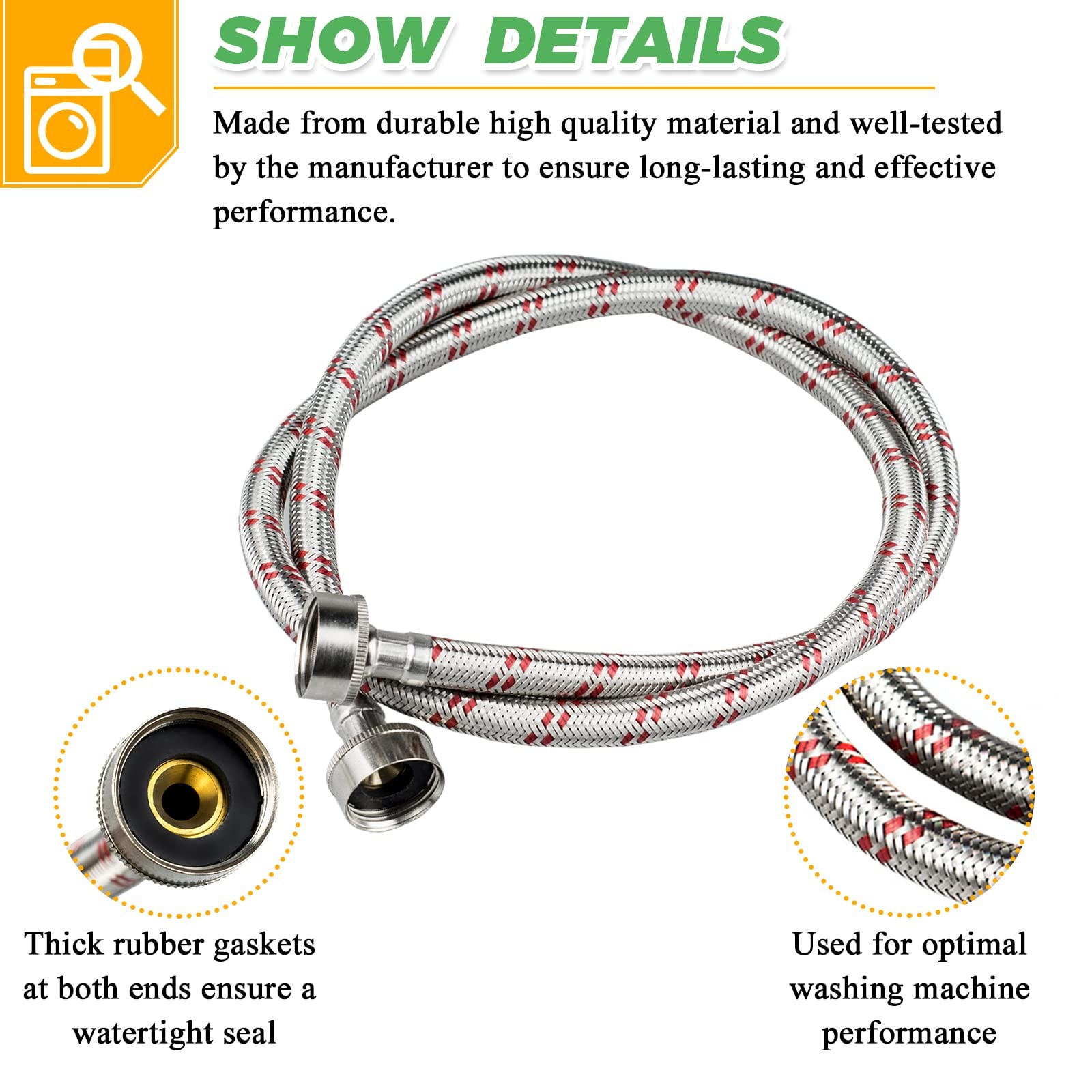 4ft Premium Stainless Steel Washing Machine Hoses :Length 48.42″, Blue&Red