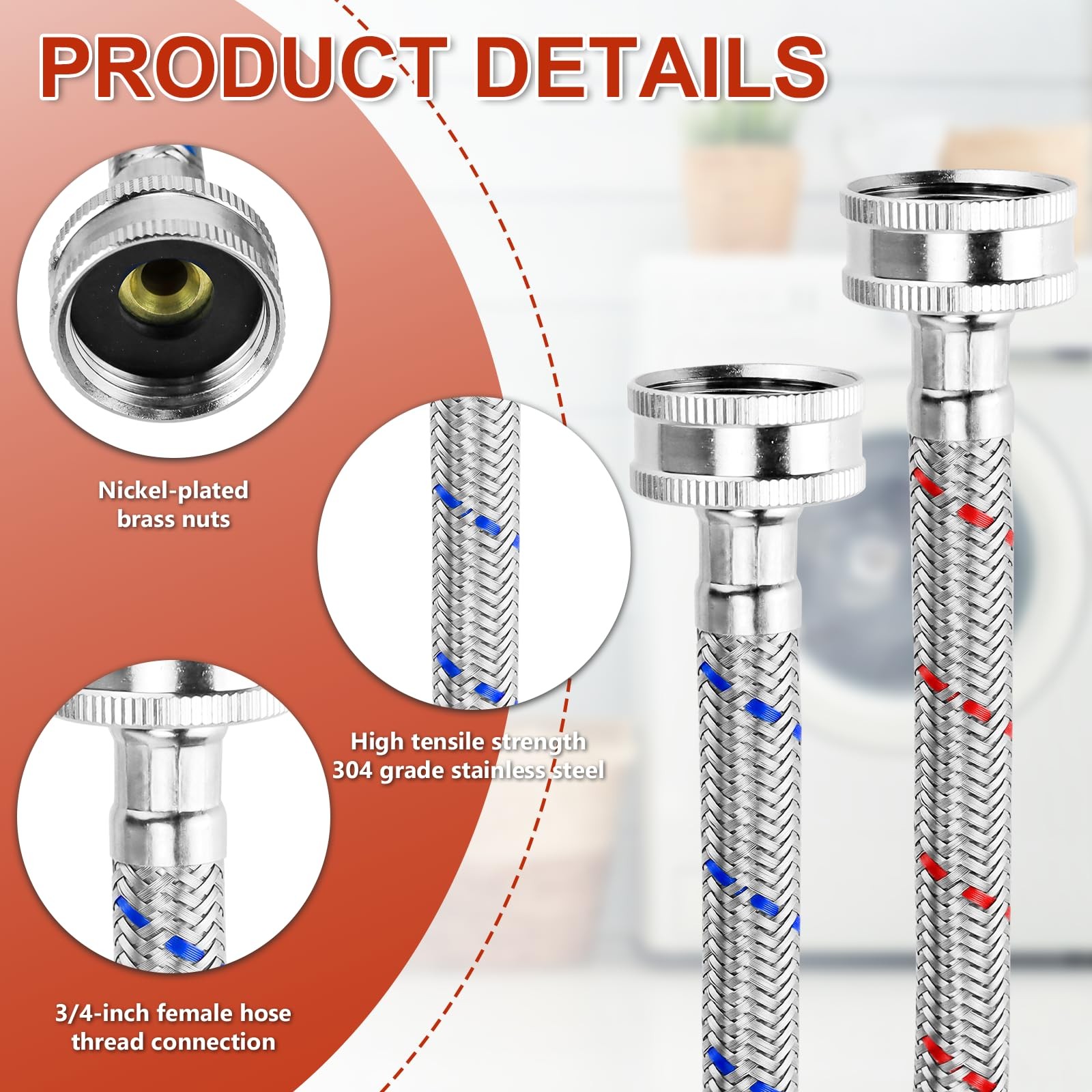 【UPGRADE】4FT Washing Machine Hoses with 90 4FT-Stainless Steel, Blue,Red