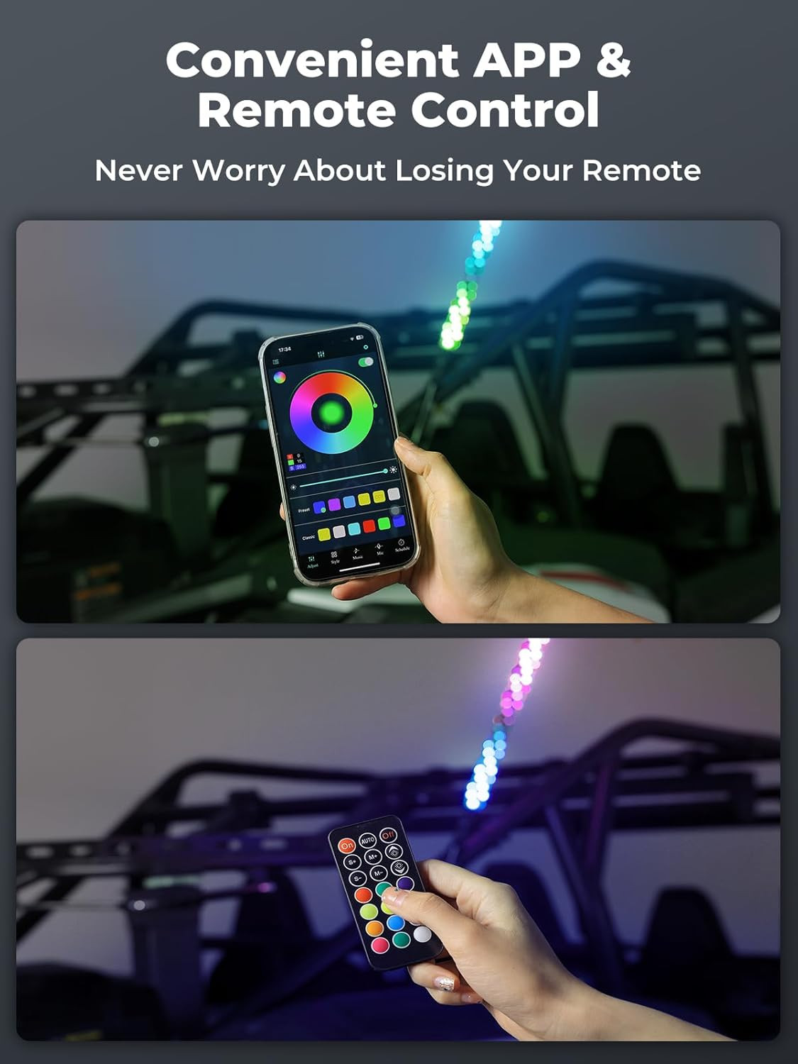 2Pc 3Ft Bluetooth Whip Lights for Side by Side, Turning Signal Function Compatib