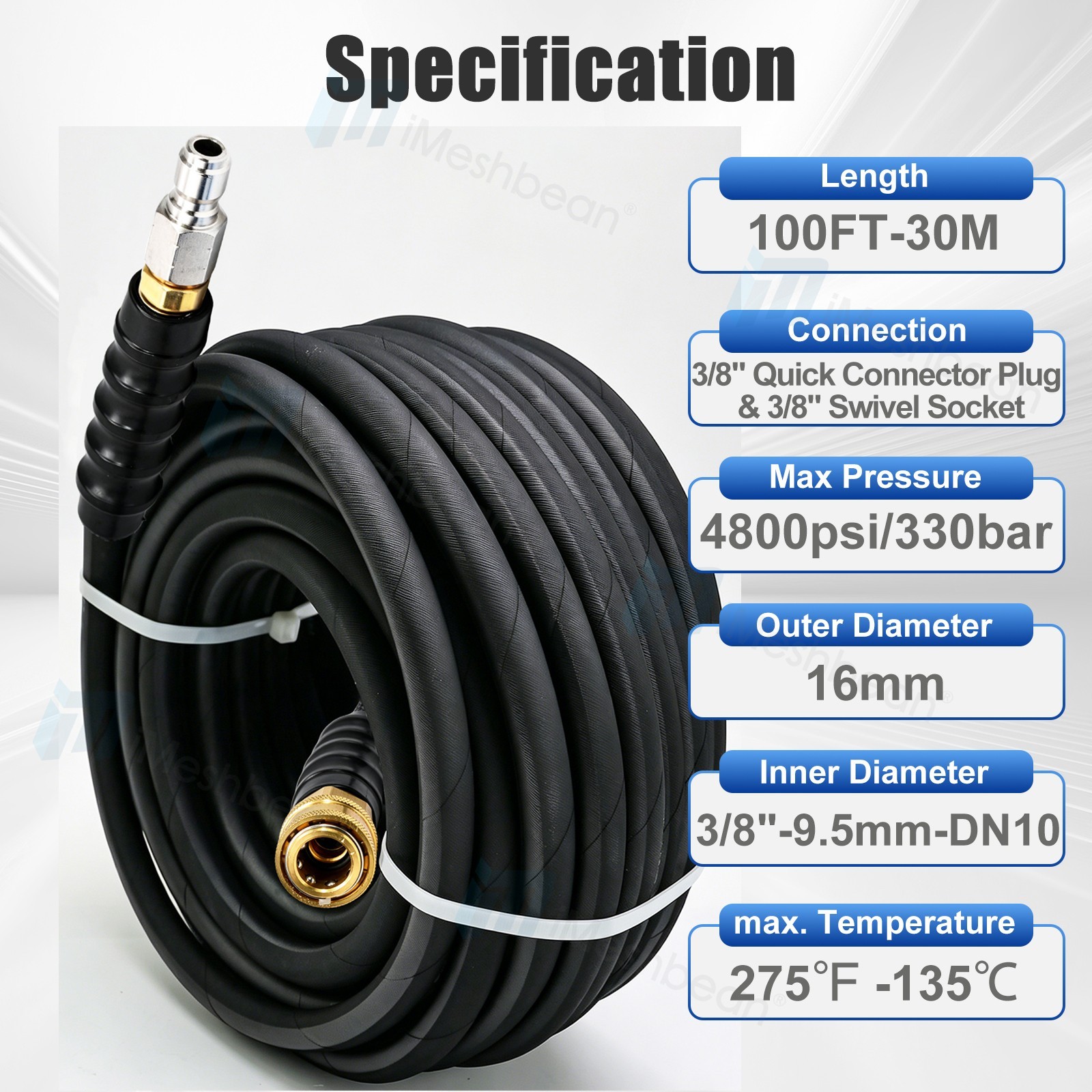 100ft Pressure Washer Hose 4000 PSI Non-Marking Gray With Couplers 275F 3/8″