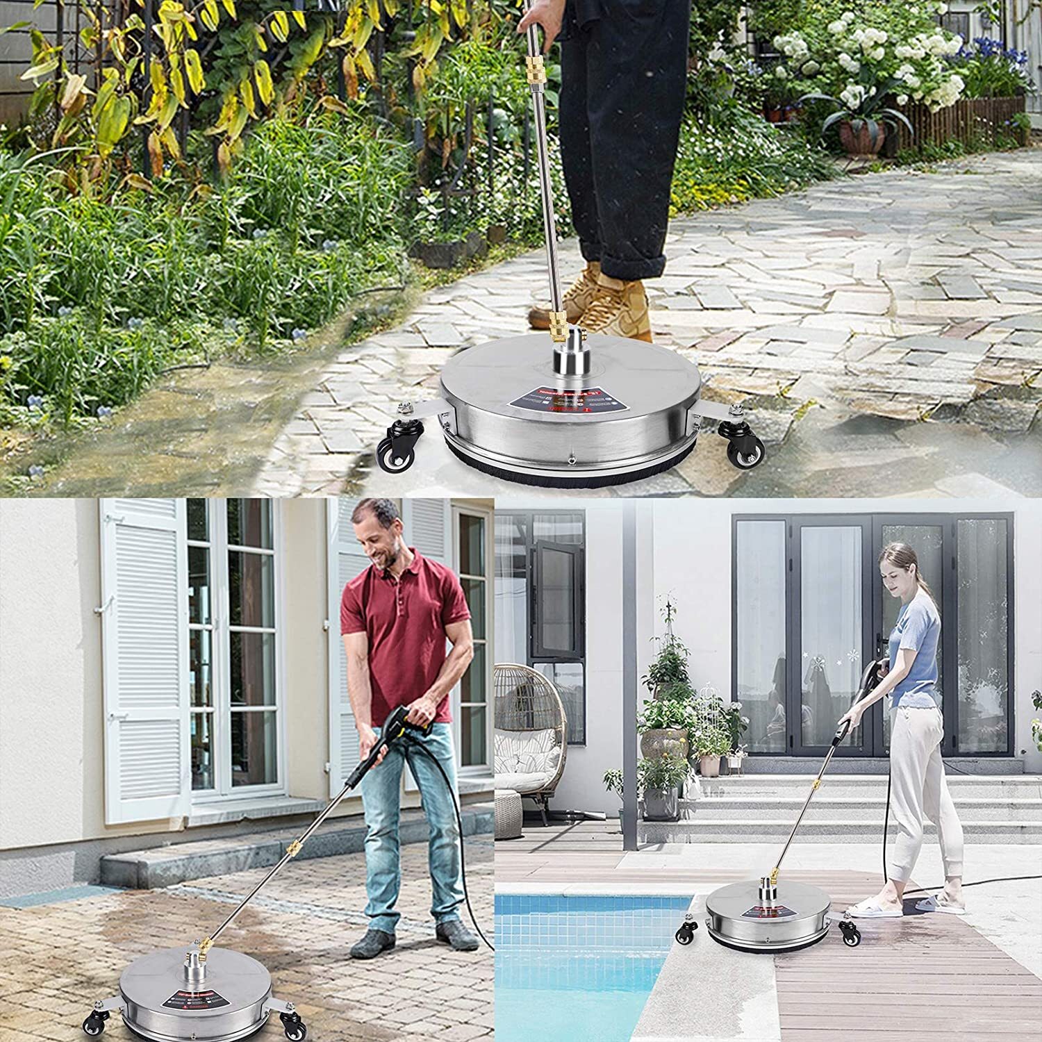 15″ Pressure Washer Surface Cleaner with 3 Wheels, Stainless Steel Power Broom