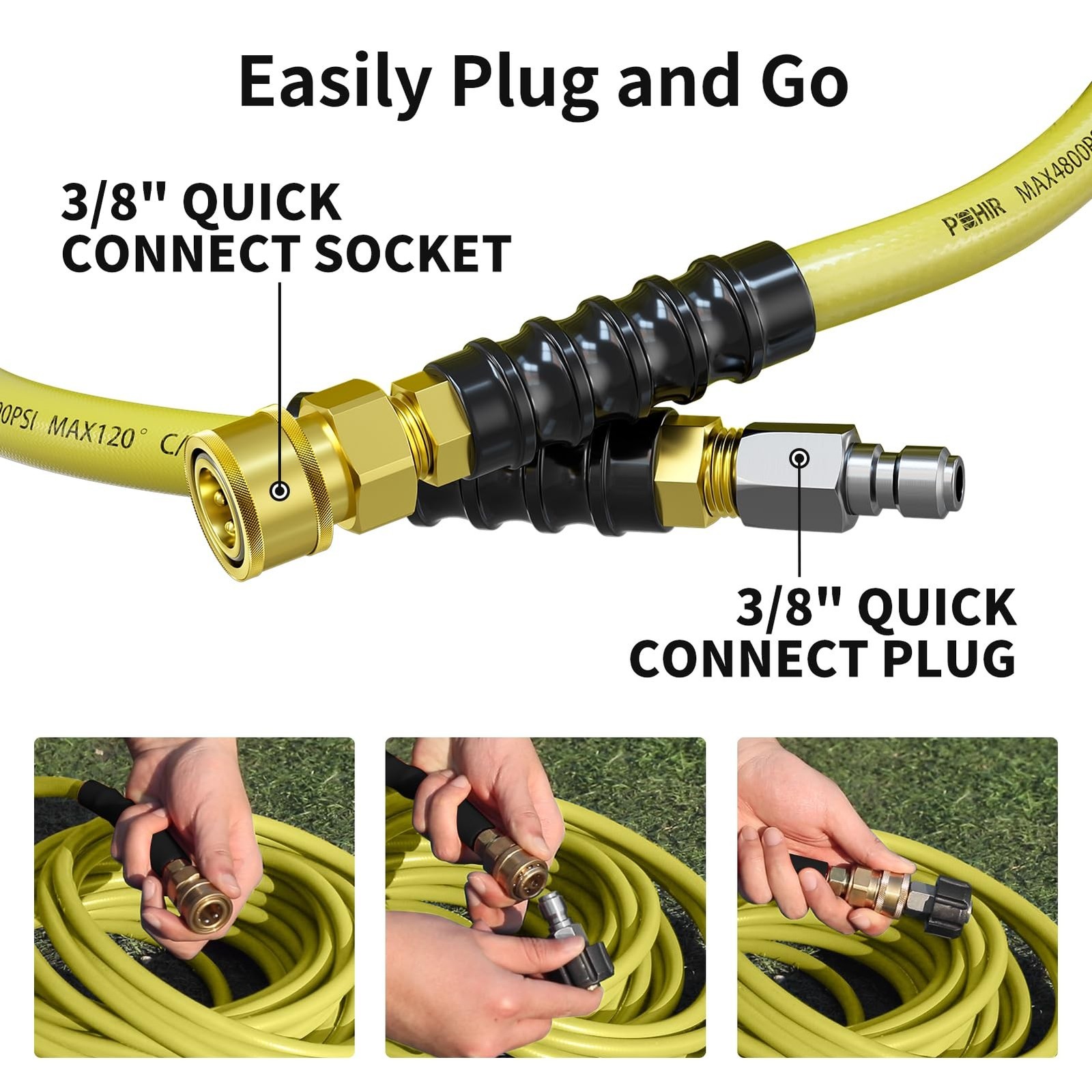 POHIR 50ft Pressure Washer Hose 3/8″ 4800 PSI, Power Washer Hose with 3/8 Qui…