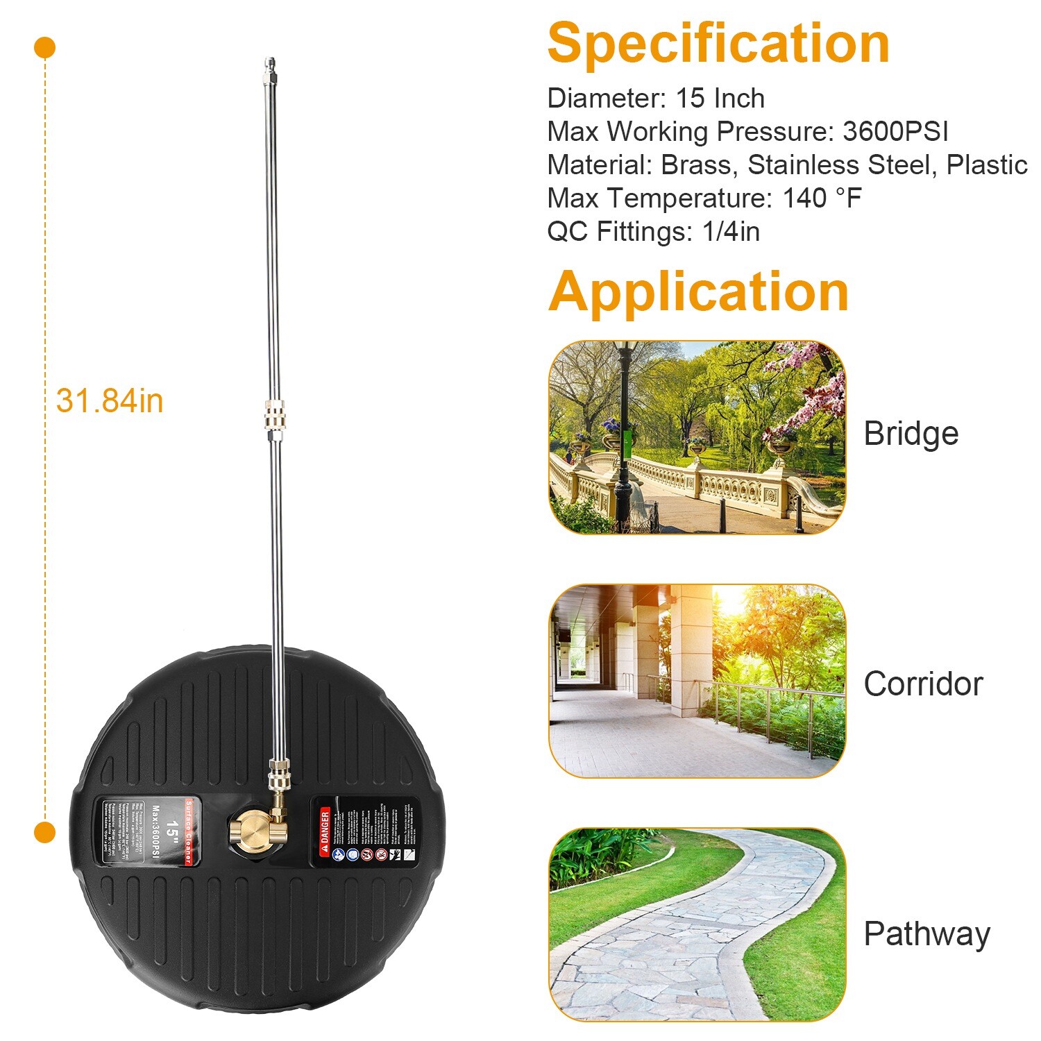 3600PSI 15″ Pressure Washer Surface Cleaner w/ 2 Extension Wand & Quick Connect