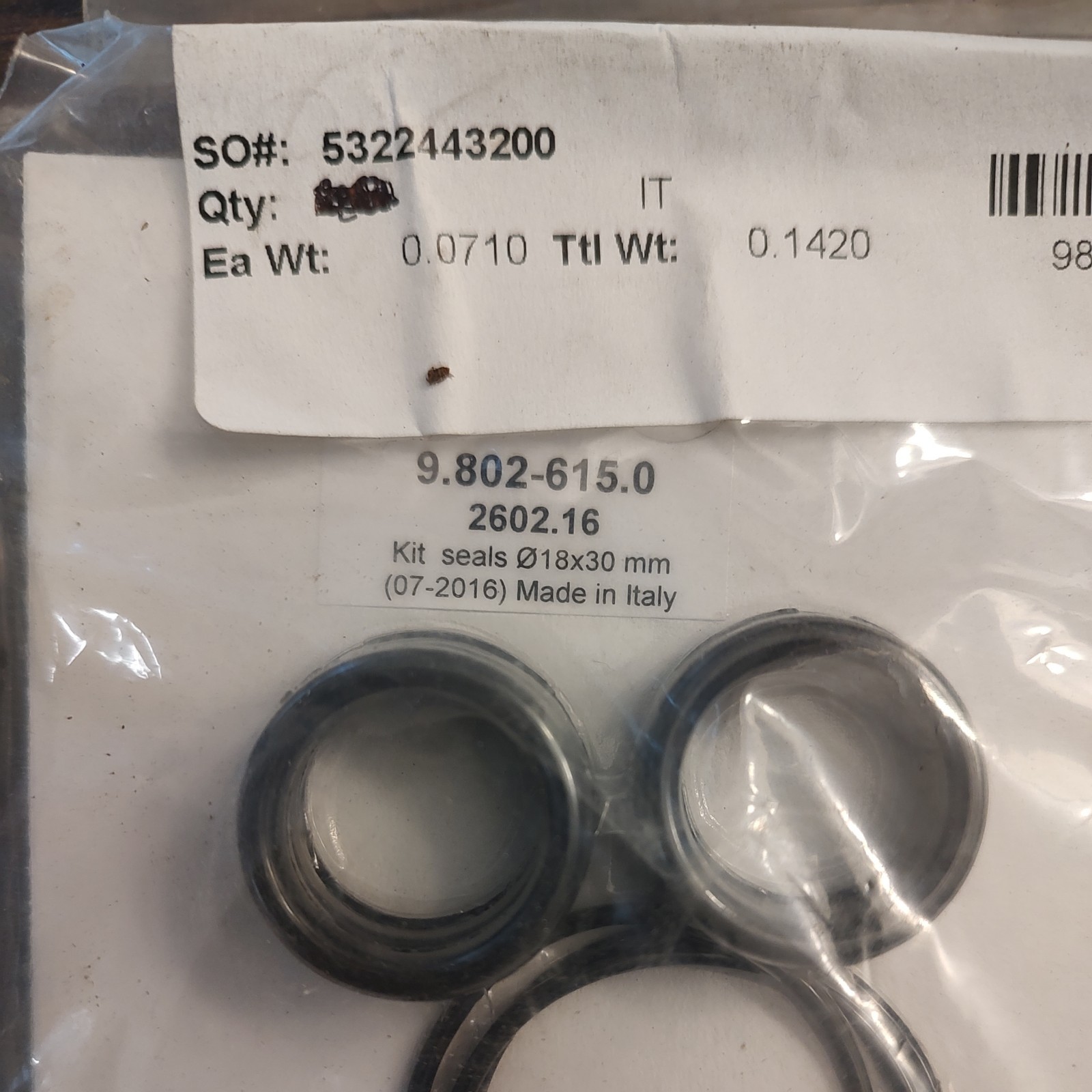 9.802-615.0 V Seal Kit, 18mm, Hotsy/Landa