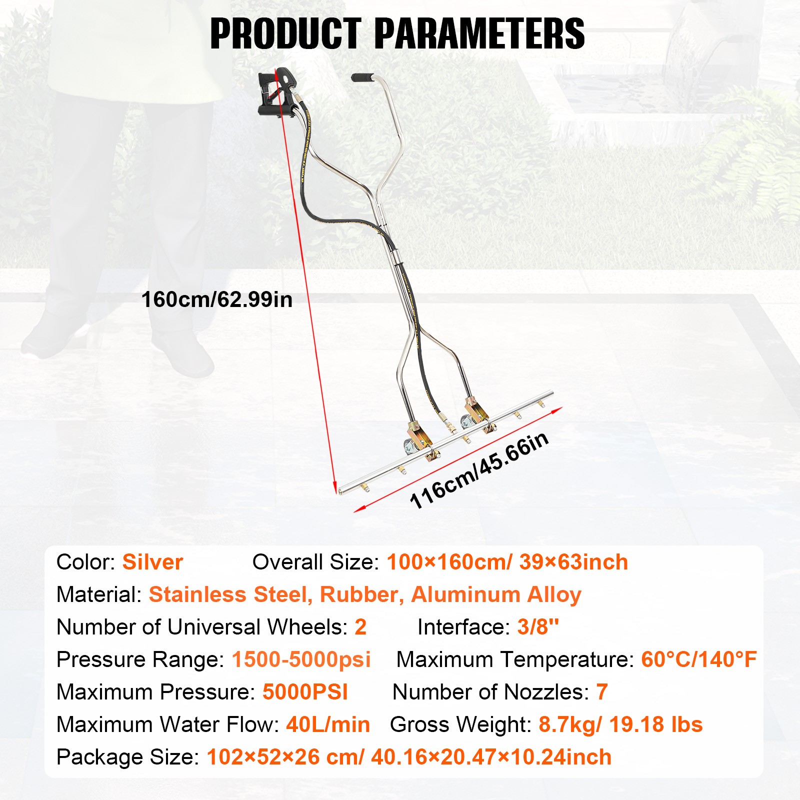 39” 5000PSI Pressure Washer Water Broom with 7 Nozzles For Hot & Cold Water