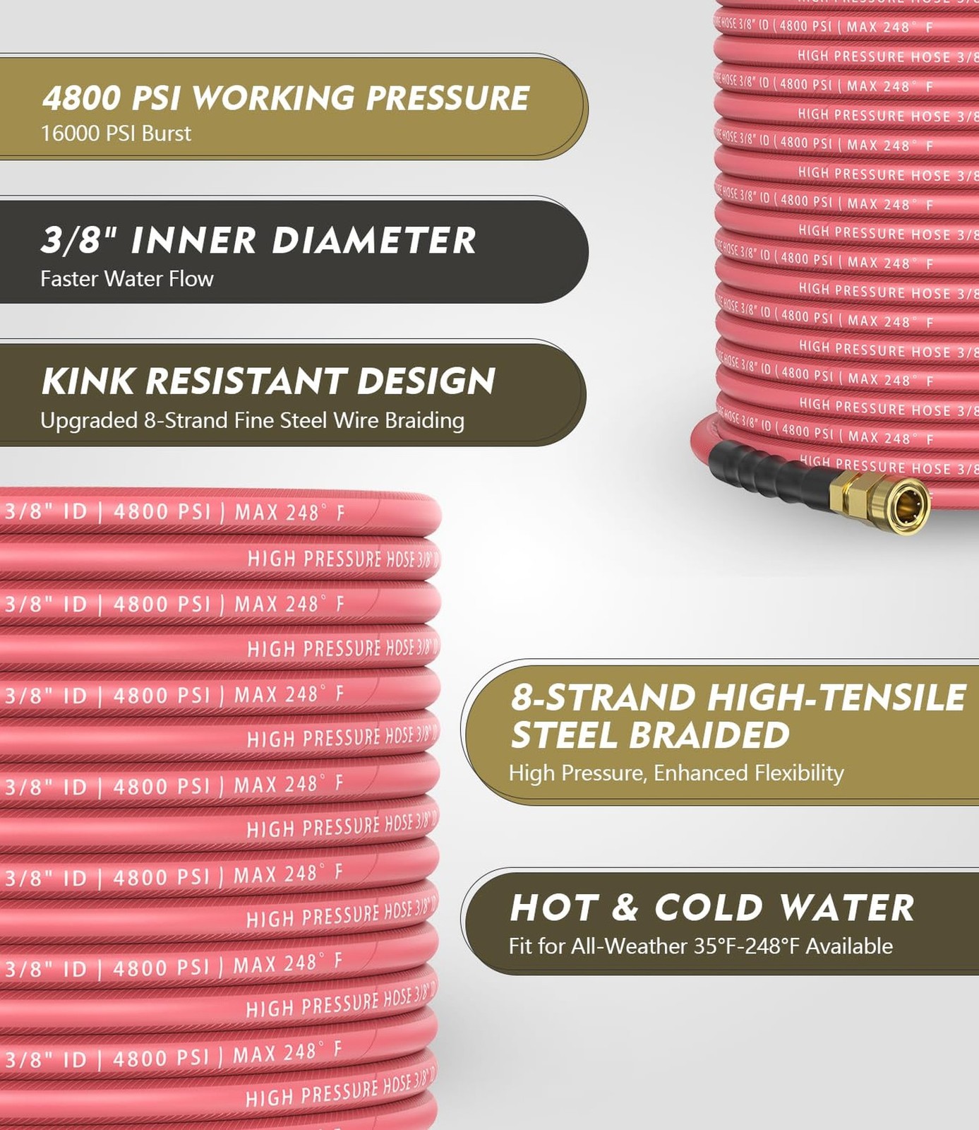 3/8″ 4800PSI Pressure Washer Hose 100FT with 360° Swivel Quick Connect, Fle