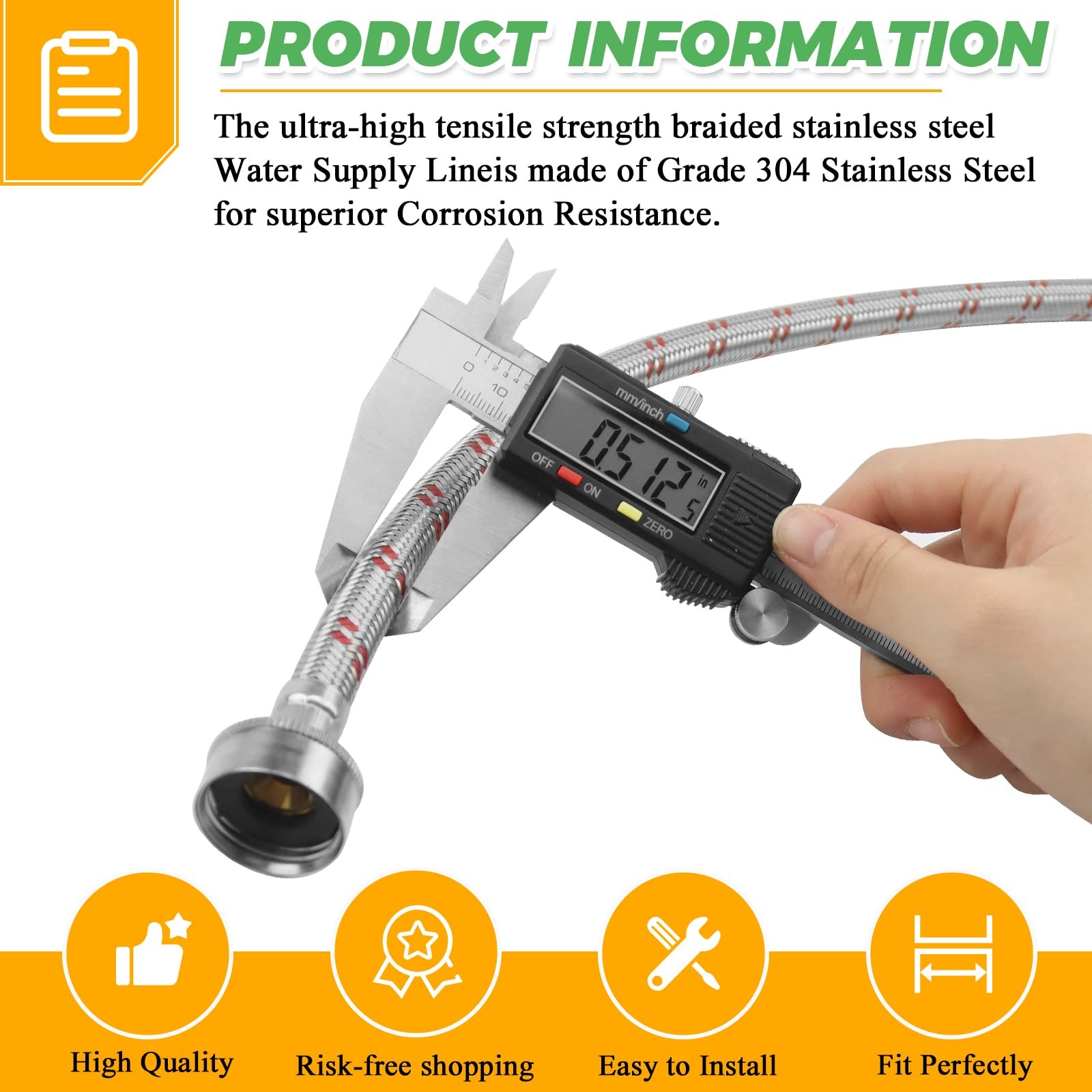 4ft Premium Stainless Steel Washing Machine Hoses :Length 48.42″, Blue&Red