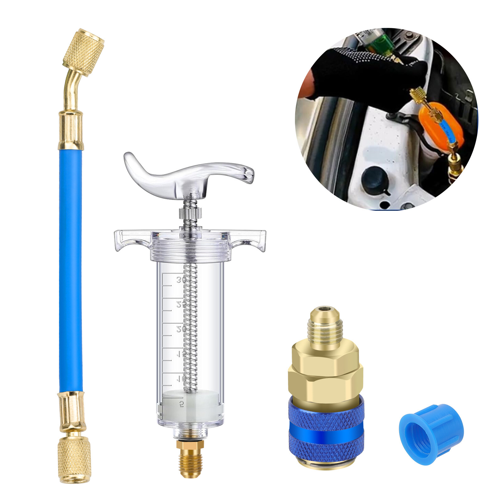 Oil & Dye Injector 30ml/1oz Manual Compressor R134A Quick Coupler Connector