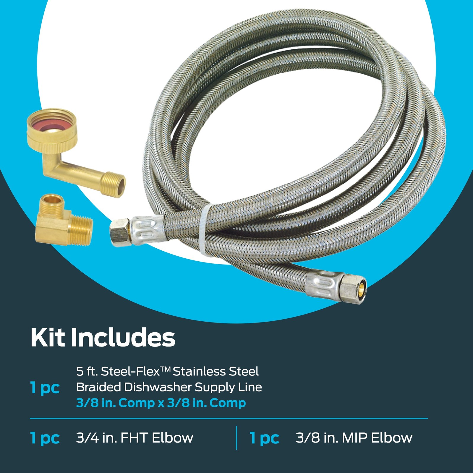 Eastman 5 Ft. Dishwasher Installation Kit, Braided Stainless 5 Ft., Silver
