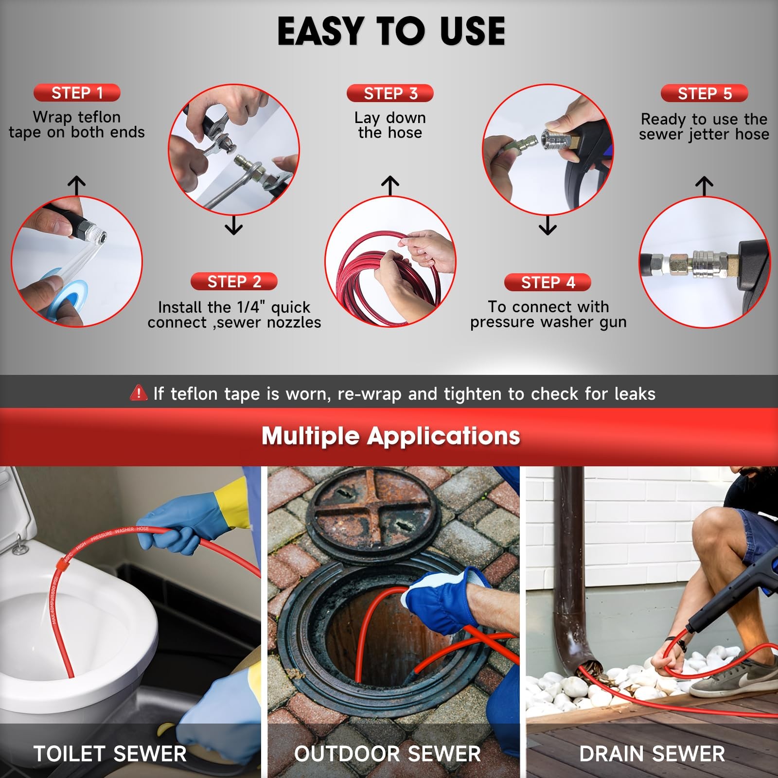 Sewer Jetter Kit 200FT 5800PSI 1/4″ NPT Drain Cleaning Hose High Pressure Nozzle