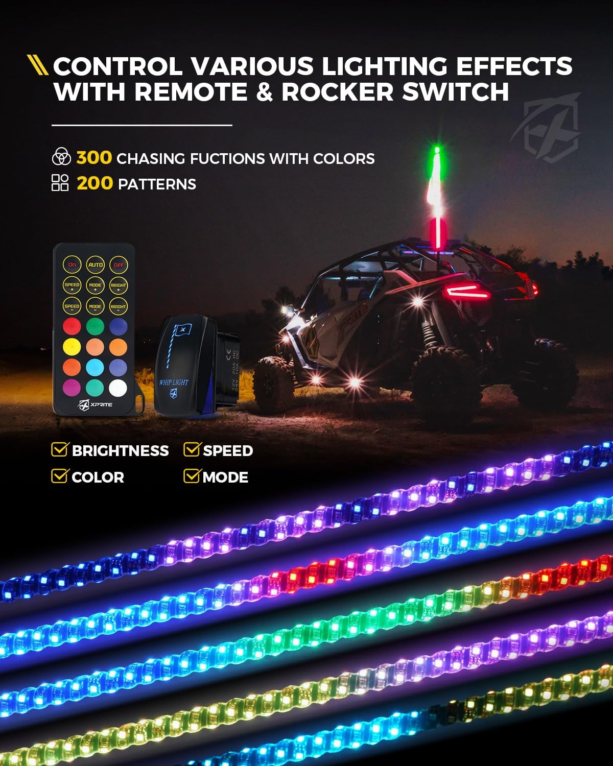 Xprite 1Pc 4Ft Spiral Rgb Led Whip Light Built-In Spring Base Remote Control