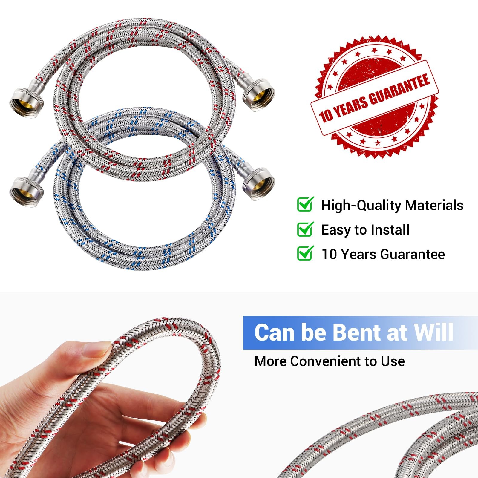 Yejesiy 4 Ft Washing Machine Hoses, 2 Packs Premium 4 Feet, red and blue